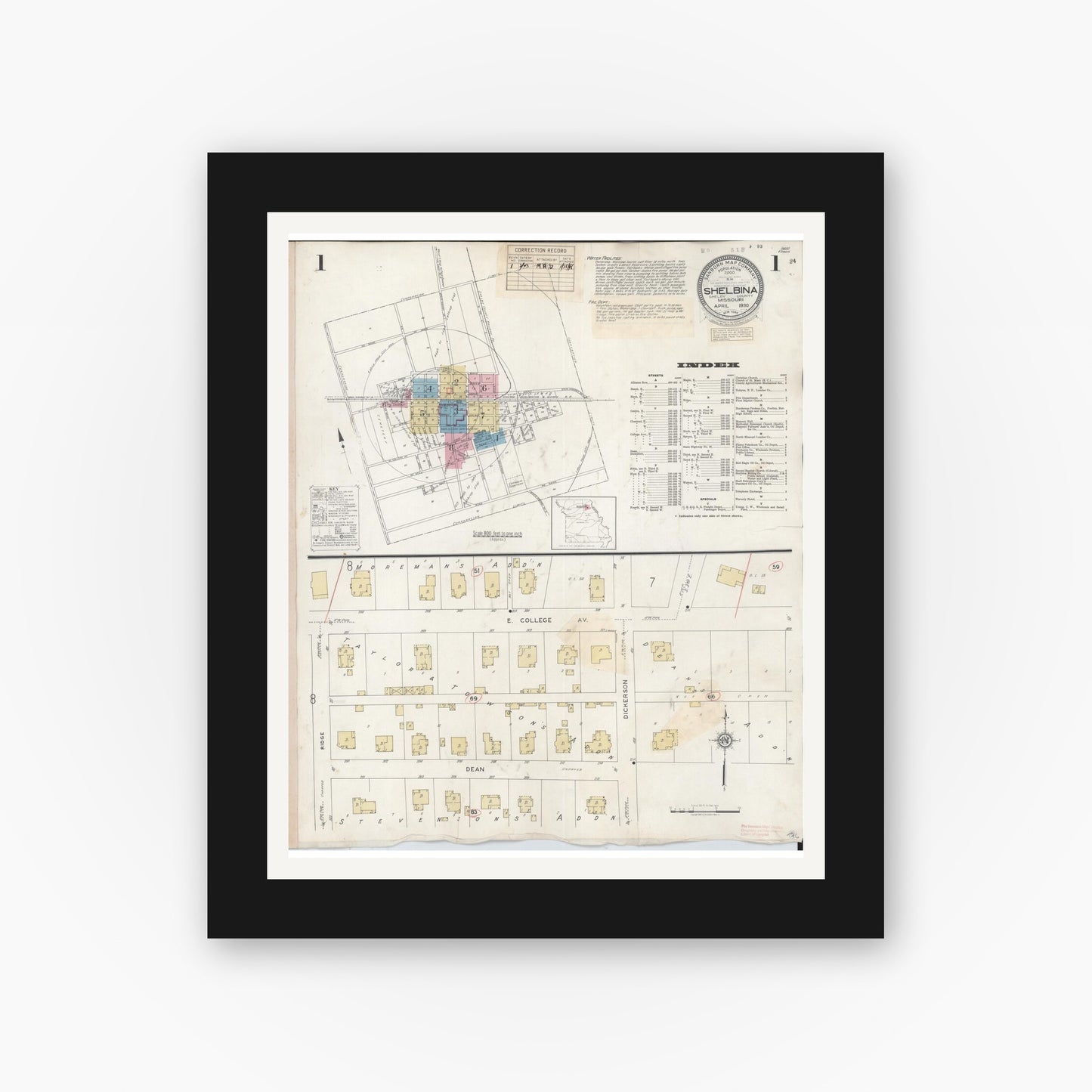 Old map wall art mockup — black gallery frame with white mat — Sanborn Fire Insurance Map from Shelbina, Shelby County, Missouri (1943) - Complete Map Set