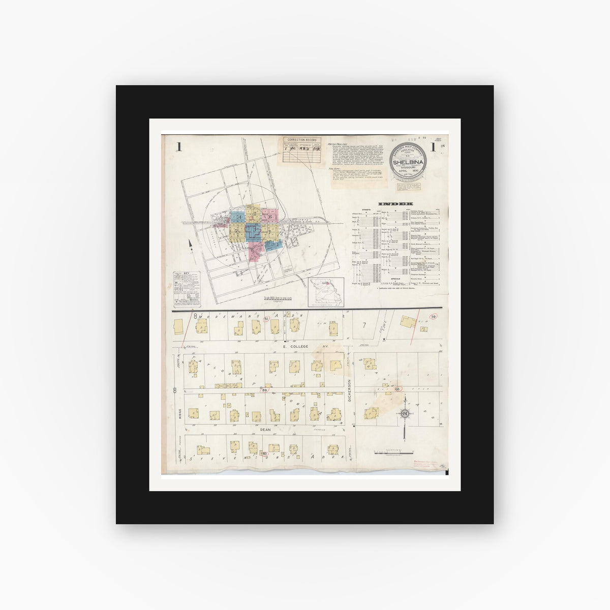 Old map wall art mockup — black gallery frame with white mat — Sanborn Fire Insurance Map from Shelbina, Shelby County, Missouri (1943) - Complete Map Set