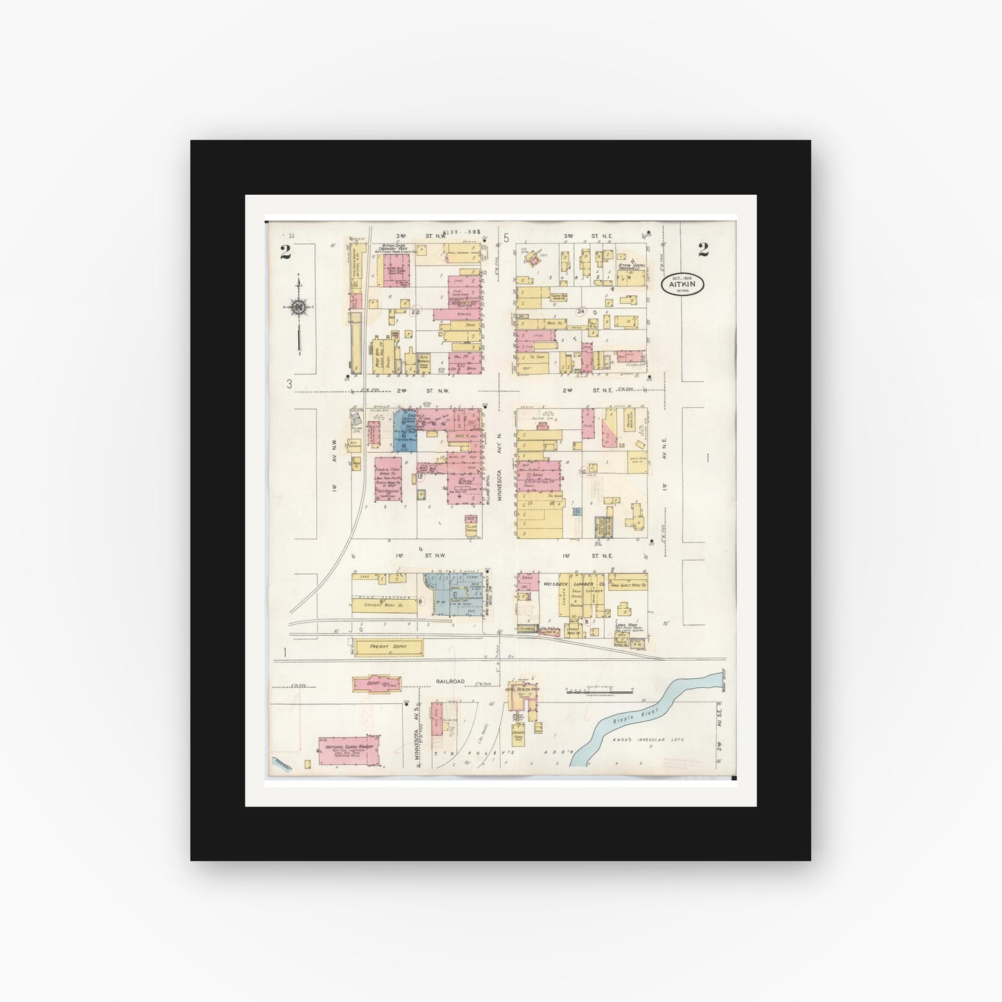 Old map wall art mockup — black gallery frame with white mat — Sanborn Fire Insurance Map from Aitkin, Aitkin County, Minnesota (1936), Sheet #0002