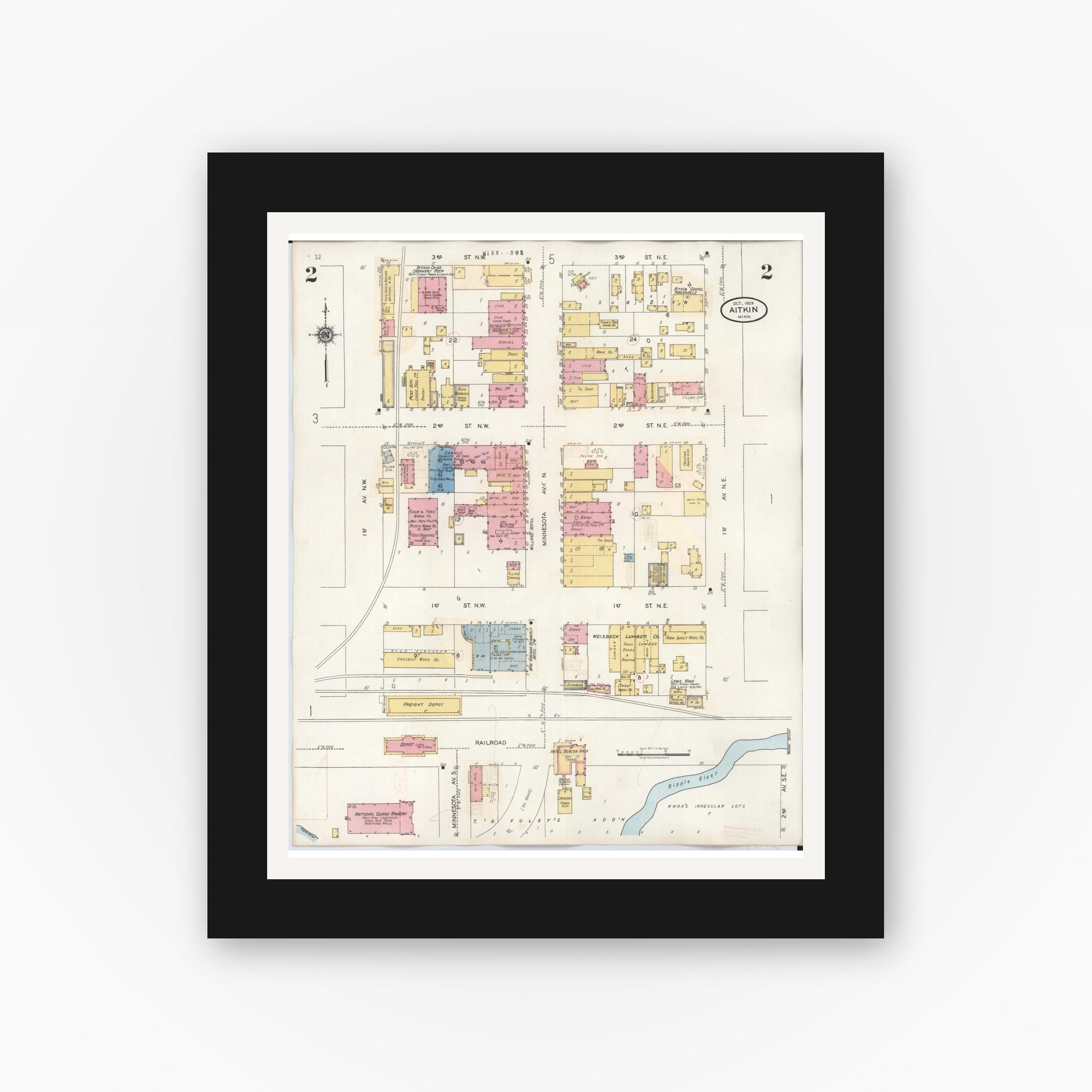 Old map wall art mockup — black gallery frame with white mat — Sanborn Fire Insurance Map from Aitkin, Aitkin County, Minnesota (1936), Sheet #0002
