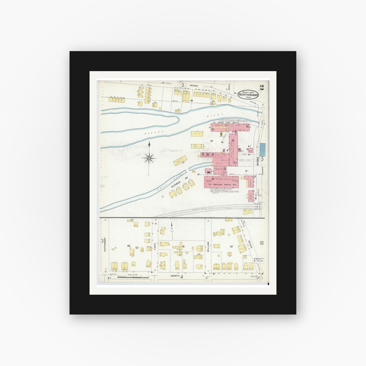 Old map wall art mockup — black gallery frame with white mat — Sanborn Fire Insurance Map from North Adams, Berkshire County, Massachusetts (1908), Sheet #0002