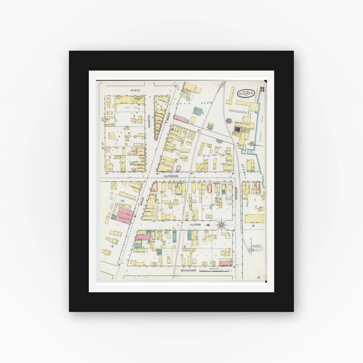Old map wall art mockup — black gallery frame with white mat — Sanborn Fire Insurance Map from Oconto, Oconto County, Wisconsin (1893), Sheet #0003