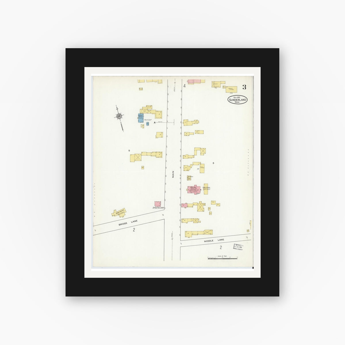 Old map wall art mockup — black gallery frame with white mat — Sanborn Fire Insurance Map from Sunderland, Franklin County, Massachusetts (1915), Sheet #0003