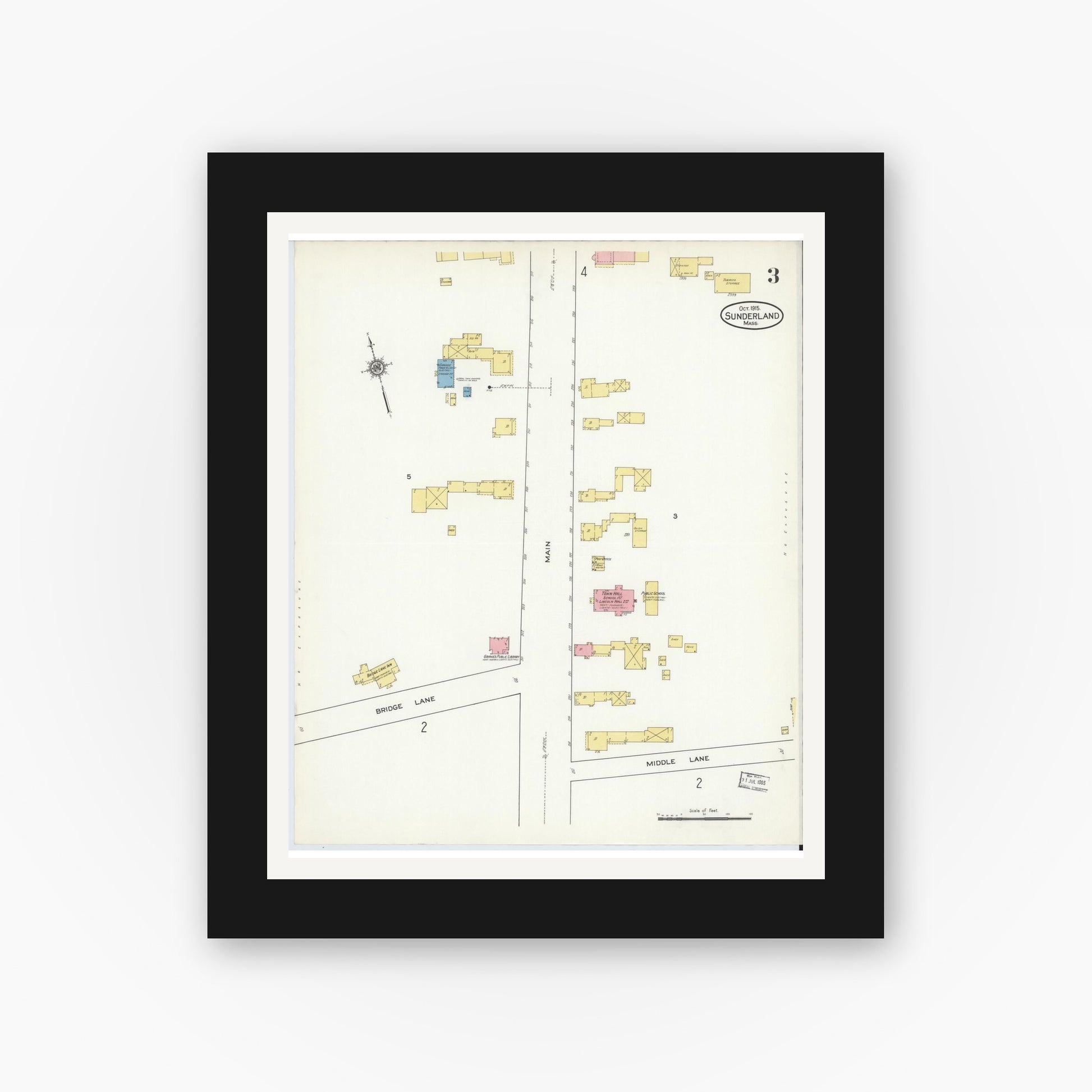 Old map wall art mockup — black gallery frame with white mat — Sanborn Fire Insurance Map from Sunderland, Franklin County, Massachusetts (1915), Sheet #0003