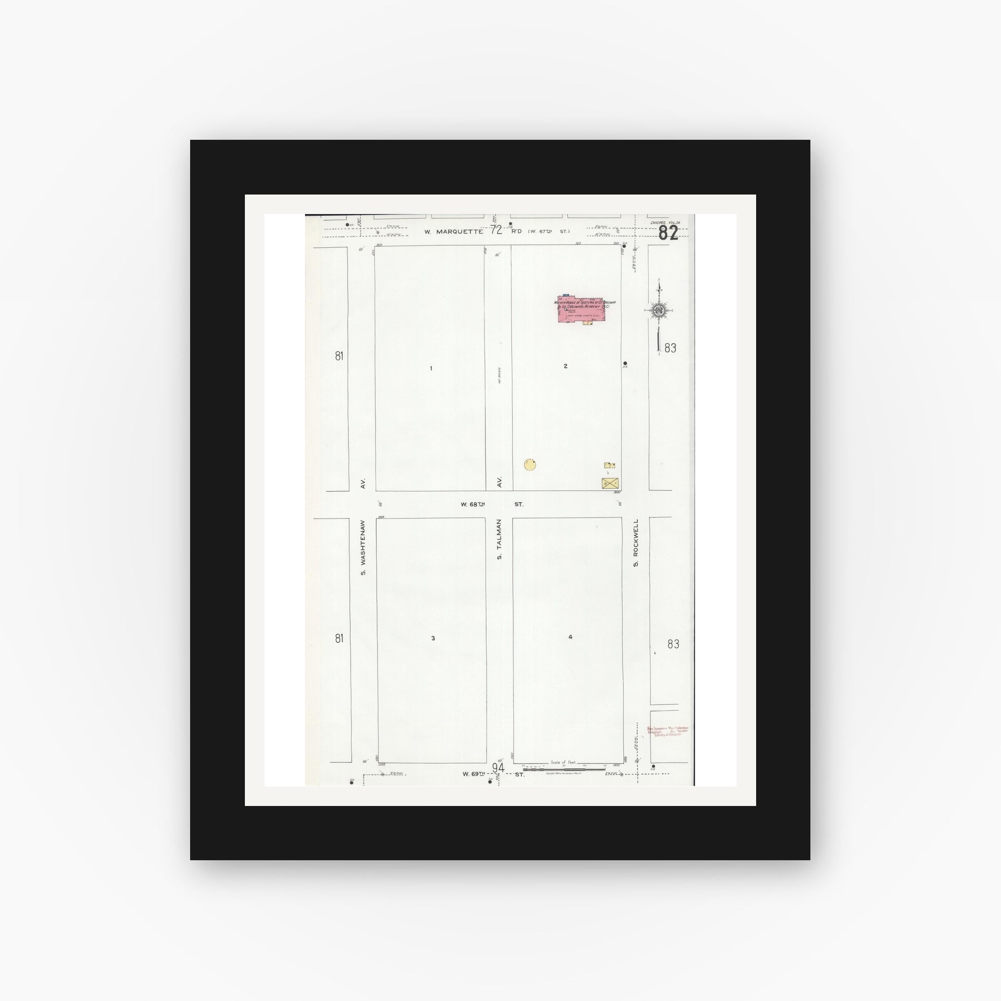 Old map wall art mockup — black gallery frame with white mat — Sanborn Fire Insurance Map from Chicago, Cook County, Illinois (1920), Sheet #0082