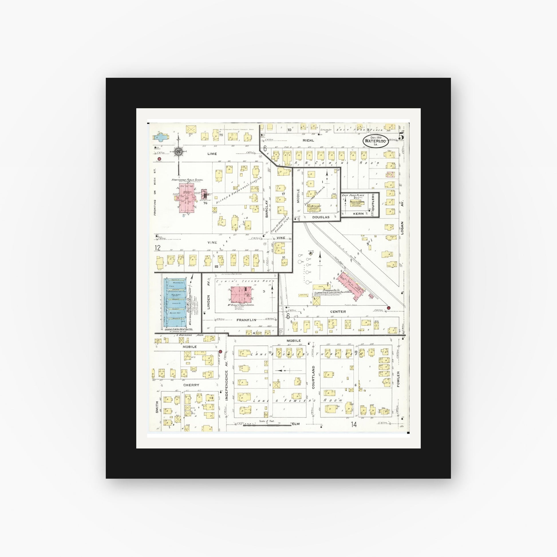 Old map wall art mockup — black gallery frame with white mat — Sanborn Fire Insurance Map from Waterloo, Black Hawk County, Iowa (1910), Sheet #0005