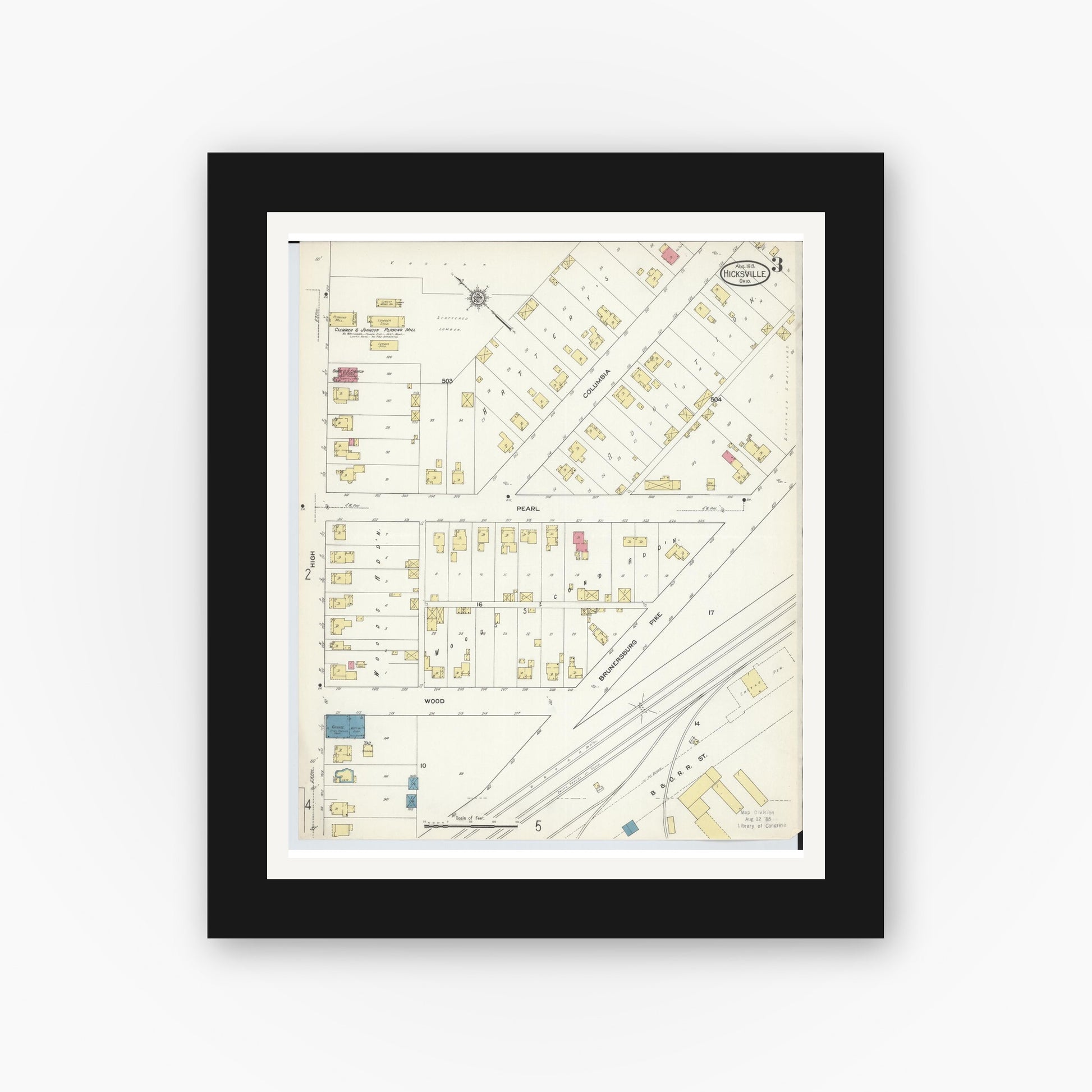 Old map wall art mockup — black gallery frame with white mat — Sanborn Fire Insurance Map from Hicksville, Defiance County, Ohio (1913), Sheet #0003