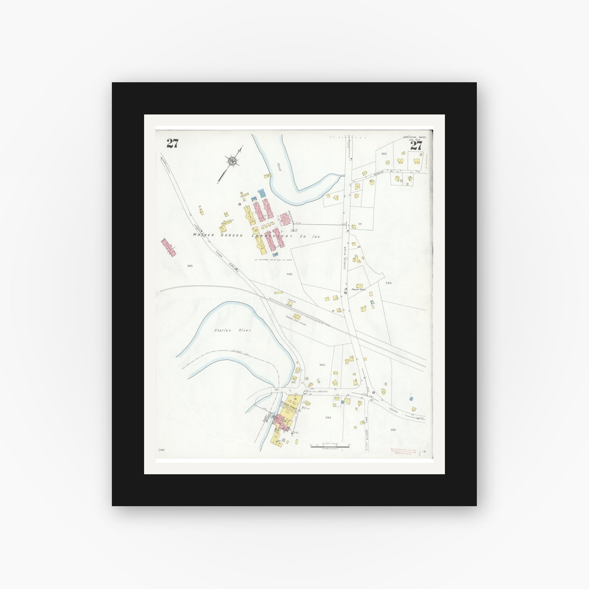 Old map wall art mockup — black gallery frame with white mat — Sanborn Fire Insurance Map from Needham, Norfolk County, Massachusetts (1937), Sheet #0027