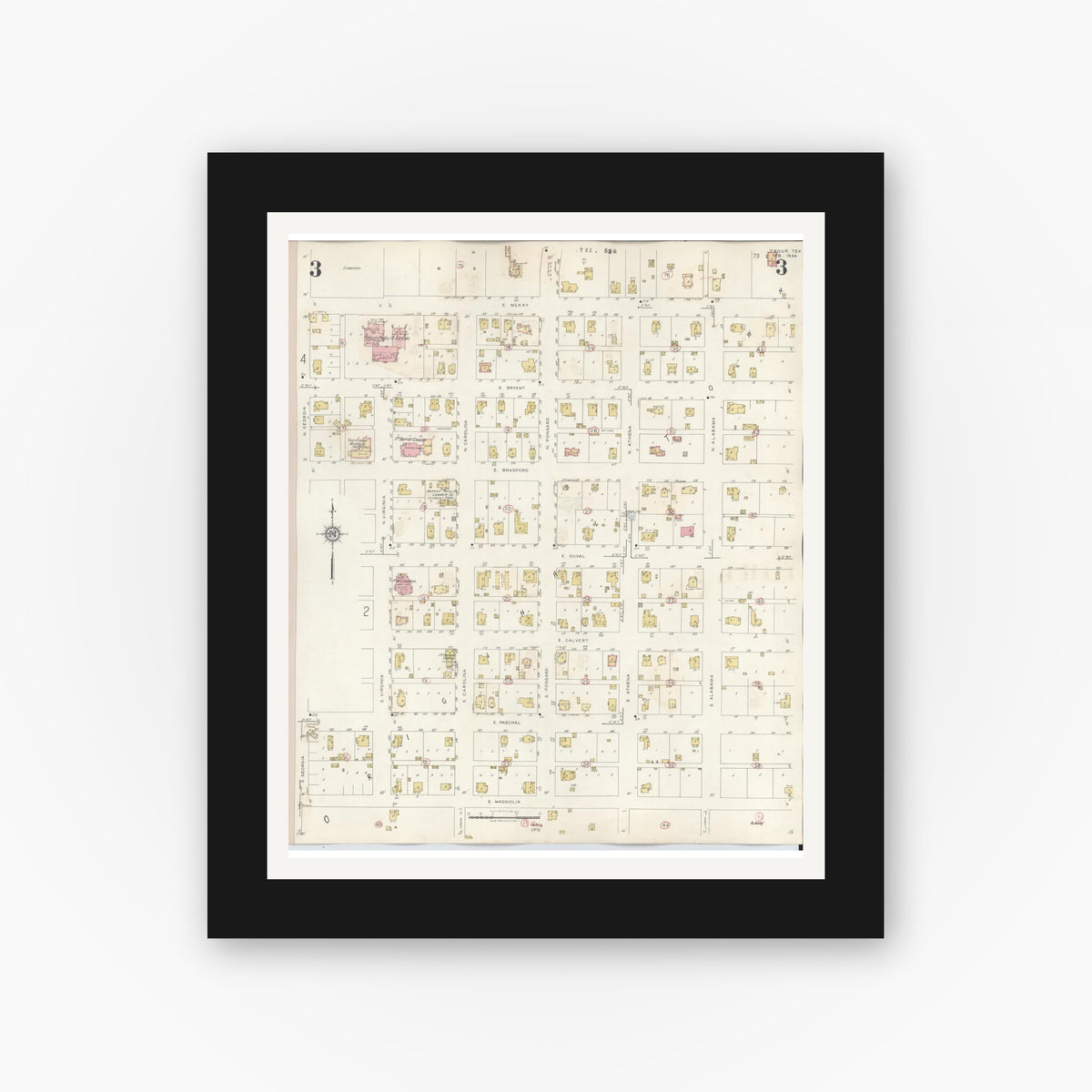 Old map wall art mockup — black gallery frame with white mat — Sanborn Fire Insurance Map from Troup, Smith County, Texas (1943), Sheet #0003