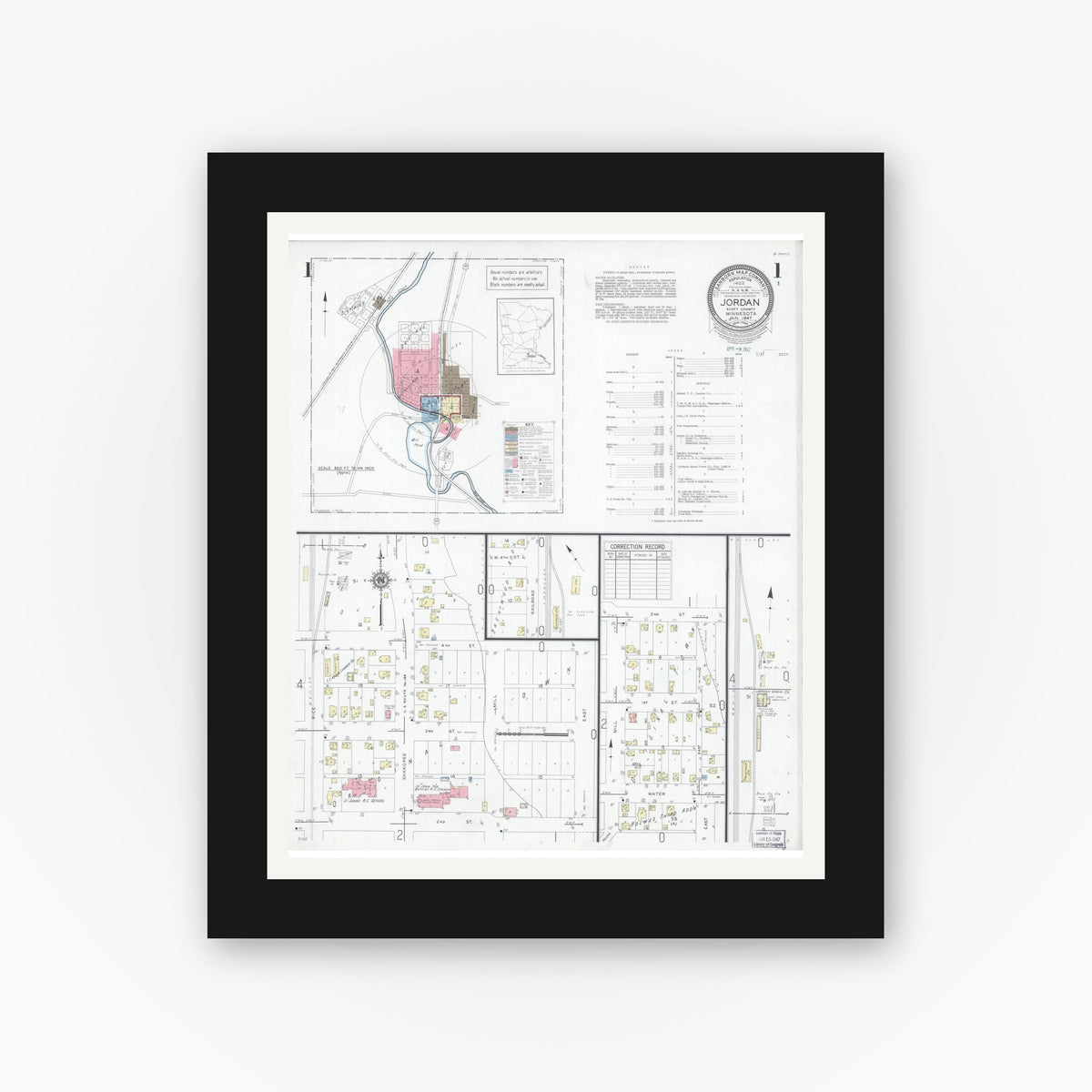 Old map wall art mockup — black gallery frame with white mat — Sanborn Fire Insurance Map from Jordan, Scott County, Minnesota (1947) - Complete Map Set