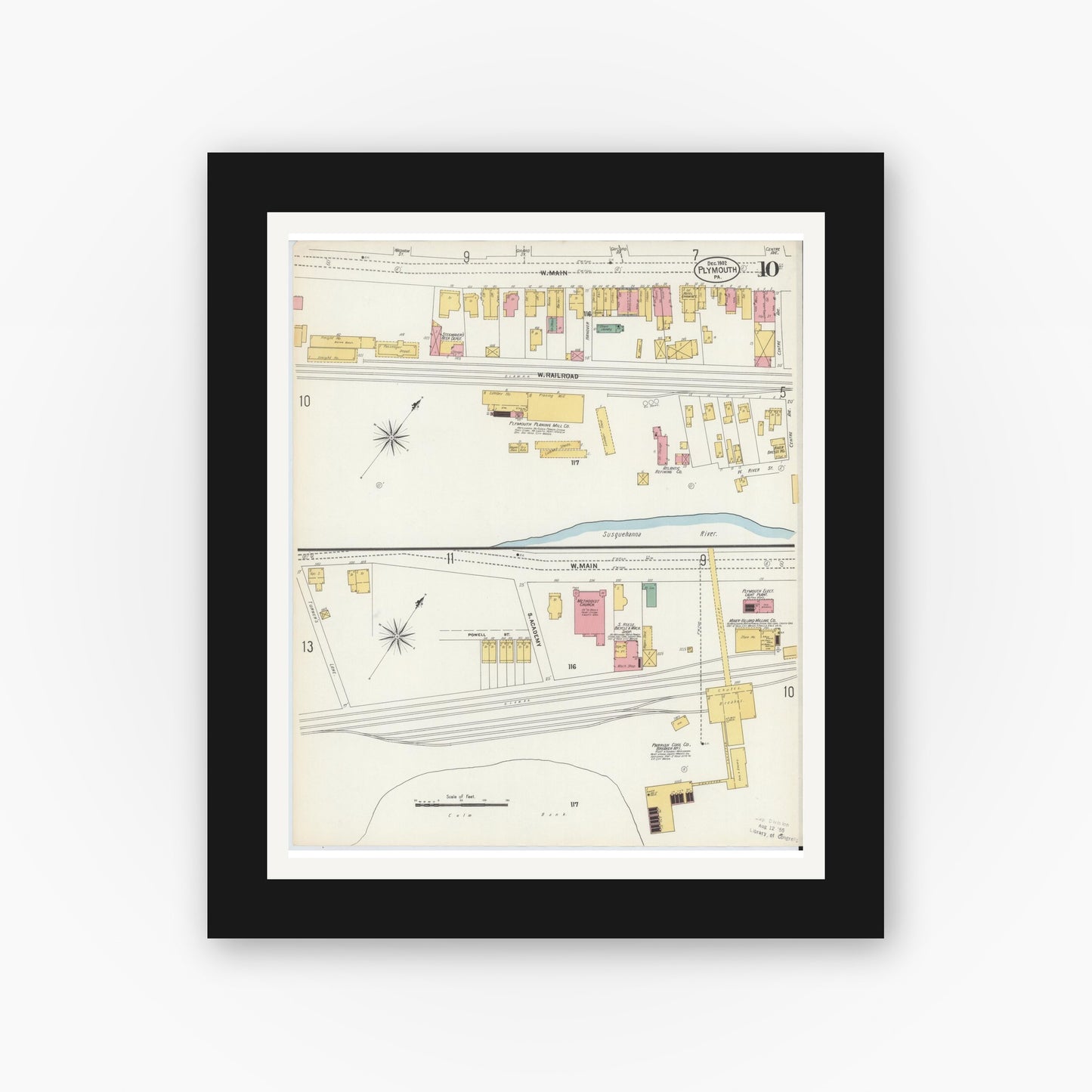 Old map wall art mockup — black gallery frame with white mat — Sanborn Fire Insurance Map from Plymouth, Luzerne County, Pennsylvania (1902), Sheet #0010
