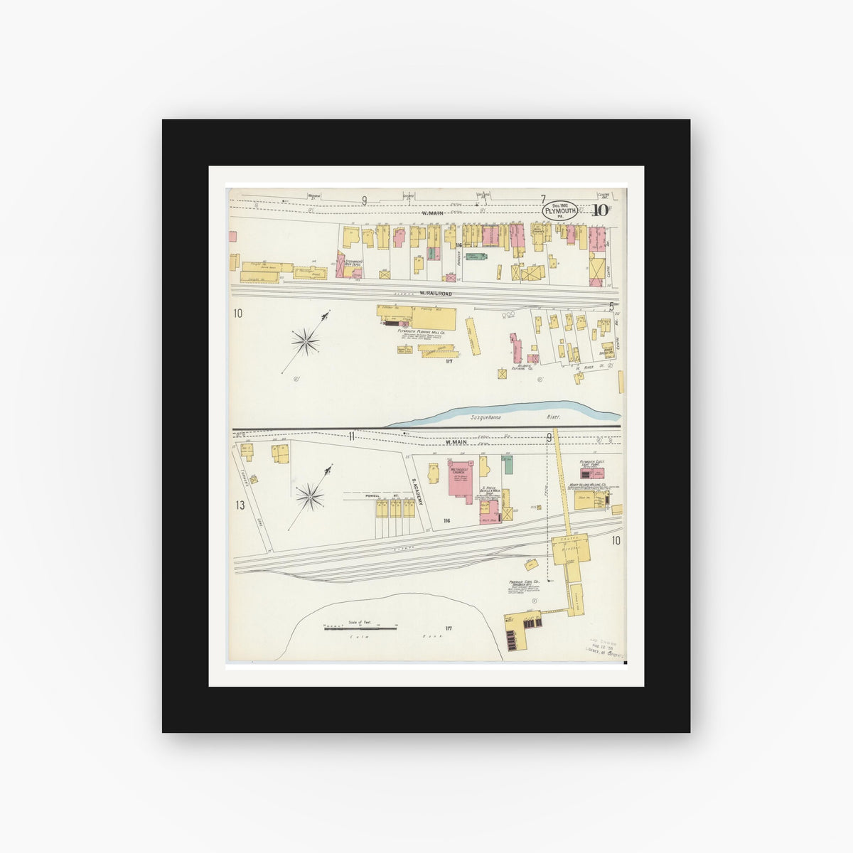Old map wall art mockup — black gallery frame with white mat — Sanborn Fire Insurance Map from Plymouth, Luzerne County, Pennsylvania (1902), Sheet #0010