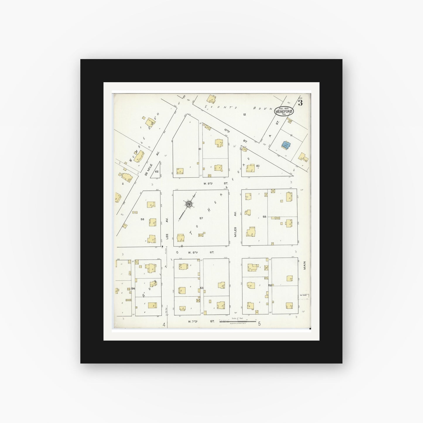 Old map wall art mockup — black gallery frame with white mat — Sanborn Fire Insurance Map from Hereford, Deaf Smith County, Texas (1920), Sheet #0003