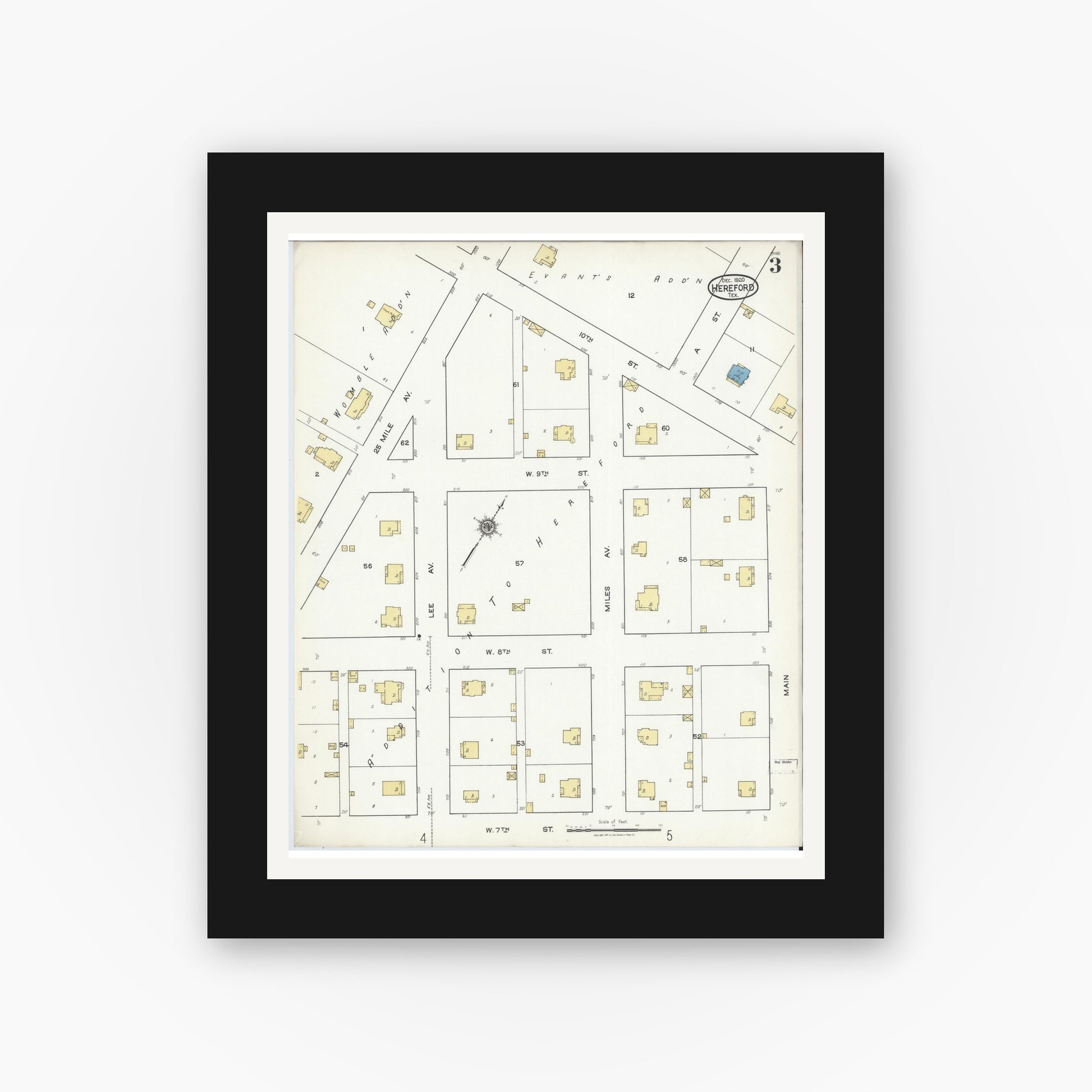 Old map wall art mockup — black gallery frame with white mat — Sanborn Fire Insurance Map from Hereford, Deaf Smith County, Texas (1920), Sheet #0003