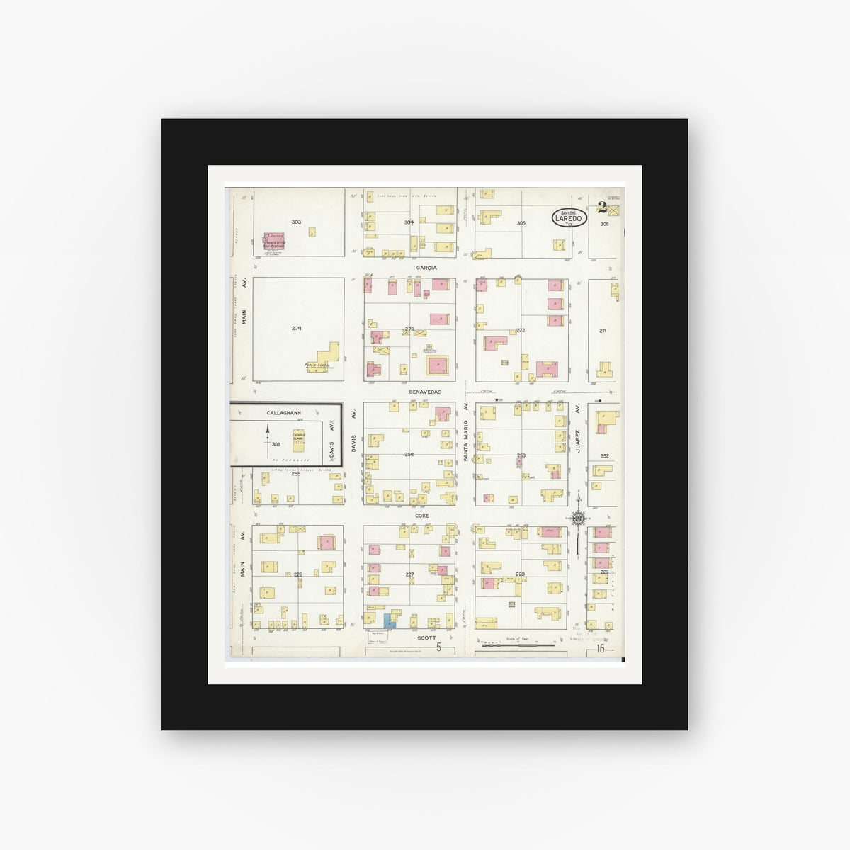Old map wall art mockup — black gallery frame with white mat — Sanborn Fire Insurance Map from Laredo, Webb County, Texas (1916), Sheet #0002