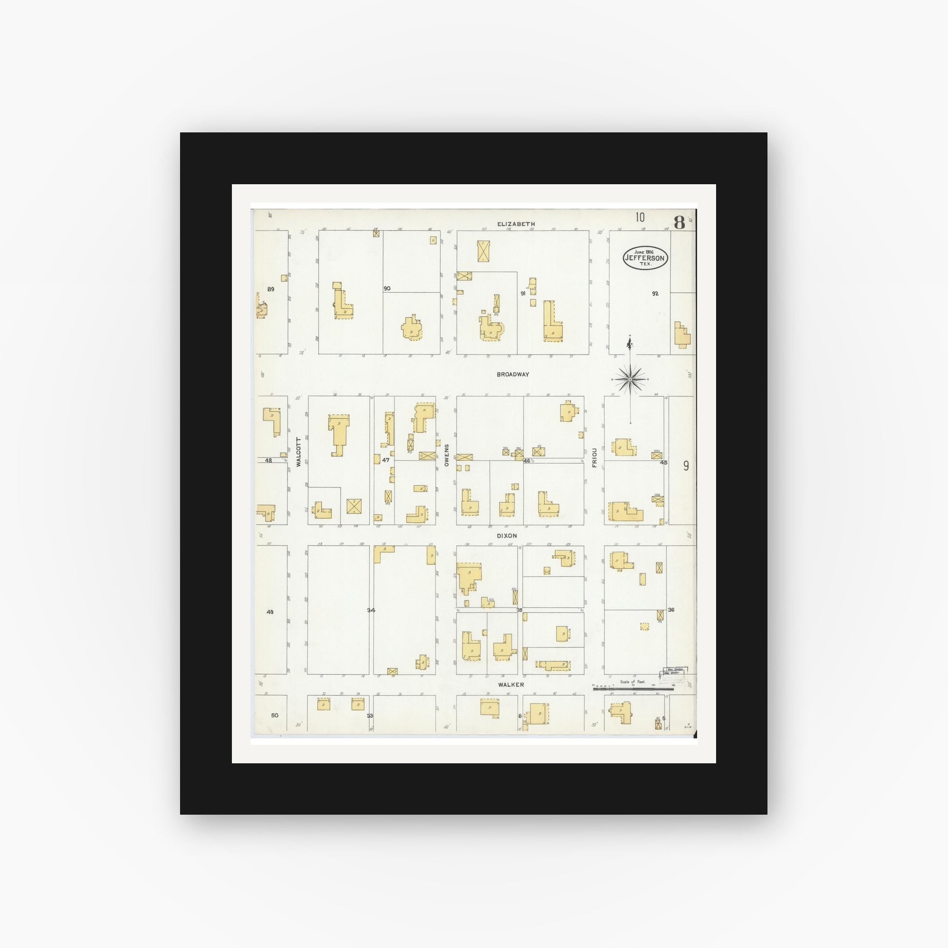 Old map wall art mockup — black gallery frame with white mat — Sanborn Fire Insurance Map from Jefferson, Marion County, Texas (1906), Sheet #0008