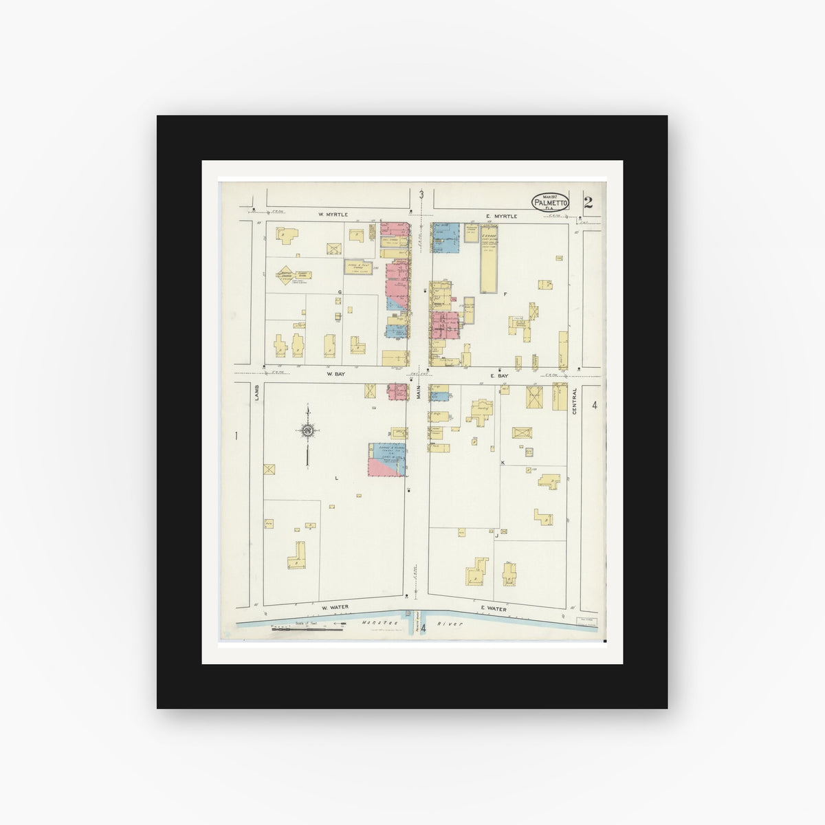Old map wall art mockup — black gallery frame with white mat — Sanborn Fire Insurance Map from Palmetto, Manatee County, Florida (1917), Sheet #0002