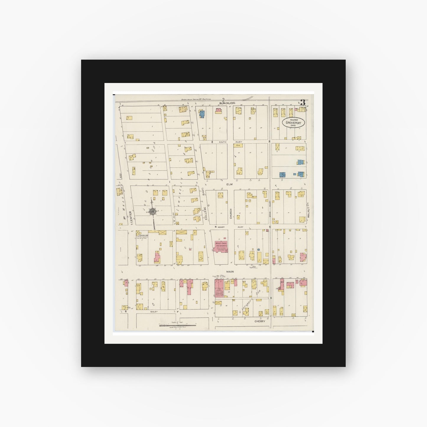 Old map wall art mockup — black gallery frame with white mat — Sanborn Fire Insurance Map from Groveport, Franklin County, Ohio (1922), Sheet #0003