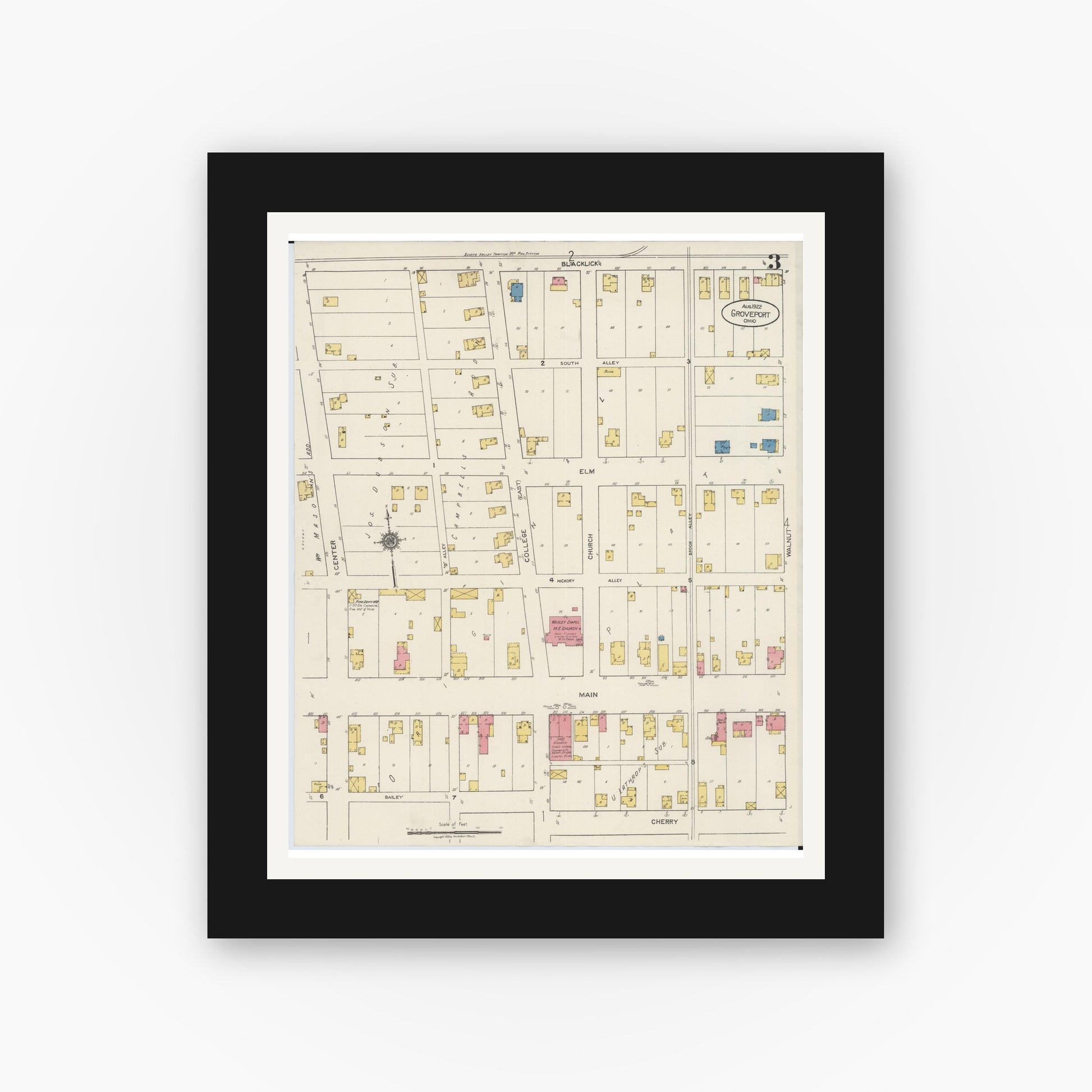 Old map wall art mockup — black gallery frame with white mat — Sanborn Fire Insurance Map from Groveport, Franklin County, Ohio (1922), Sheet #0003