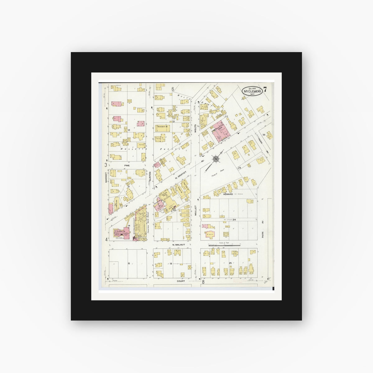 Old map wall art mockup — black gallery frame with white mat — Sanborn Fire Insurance Map from Mount Clemens, Macomb County, Michigan (1909), Sheet #0007