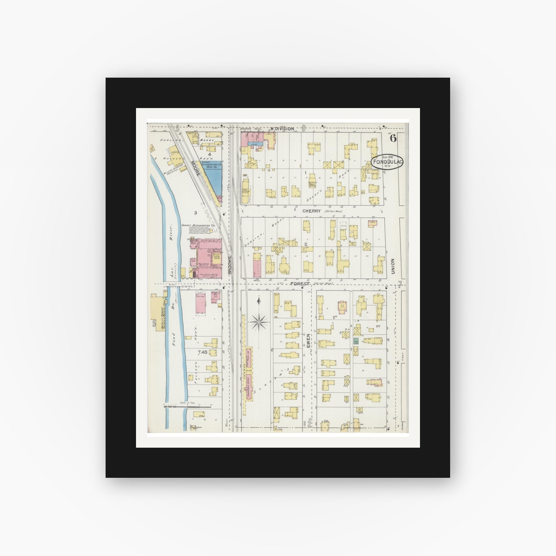 Old map wall art mockup — black gallery frame with white mat — Sanborn Fire Insurance Map from Fond du Lac, Fond du Lac County, Wisconsin (1892), Sheet #0006