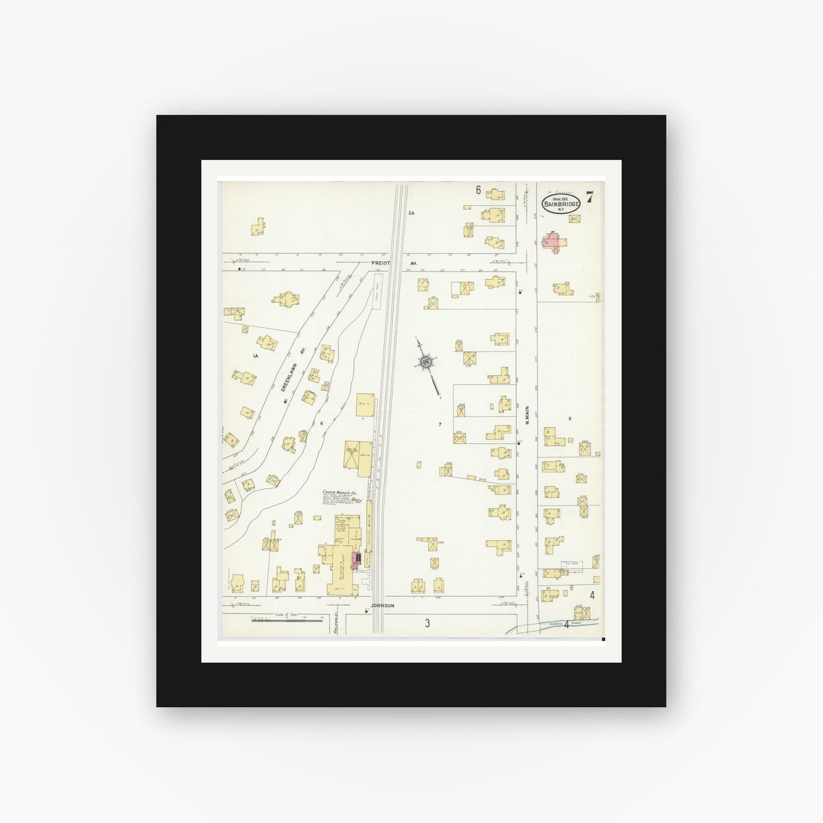 Old map wall art mockup — black gallery frame with white mat — Sanborn Fire Insurance Map from Bainbridge, Chenango County, New York (1912), Sheet #0007