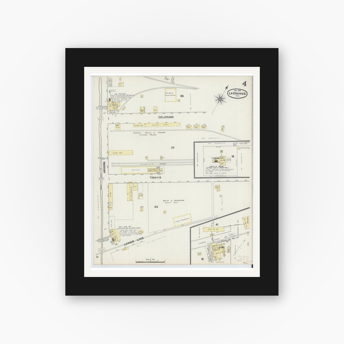 Old map wall art mockup — black gallery frame with white mat — Sanborn Fire Insurance Map from La Grange, Fayette County, Texas (1890), Sheet #0004