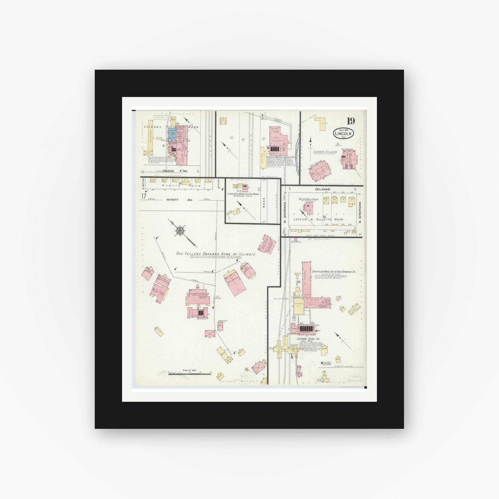 Old map wall art mockup — black gallery frame with white mat — Sanborn Fire Insurance Map from Lincoln, Logan County, Illinois (1914), Sheet #0019