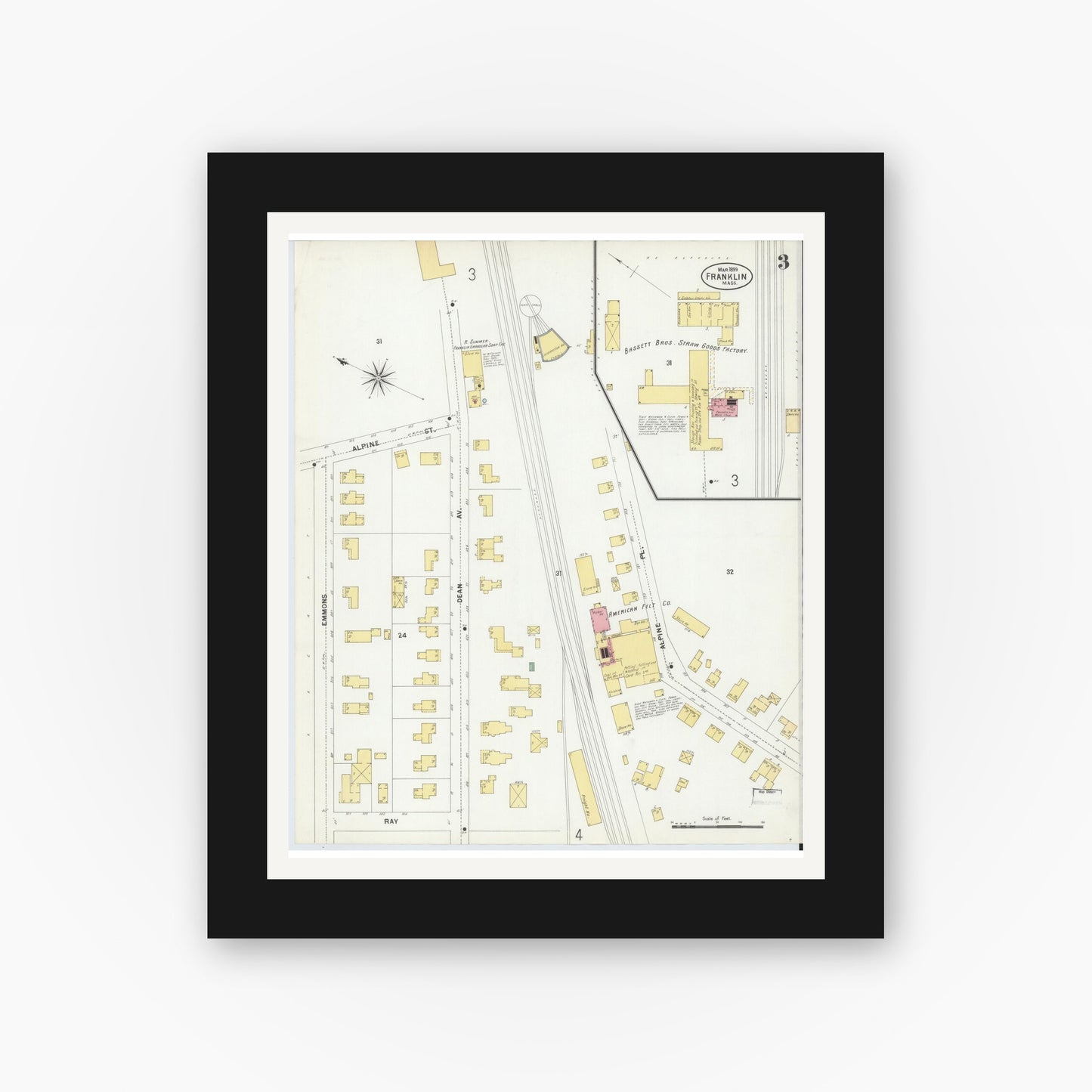 Old map wall art mockup — black gallery frame with white mat — Sanborn Fire Insurance Map from Franklin, Norfolk County, Massachusetts (1899), Sheet #0003