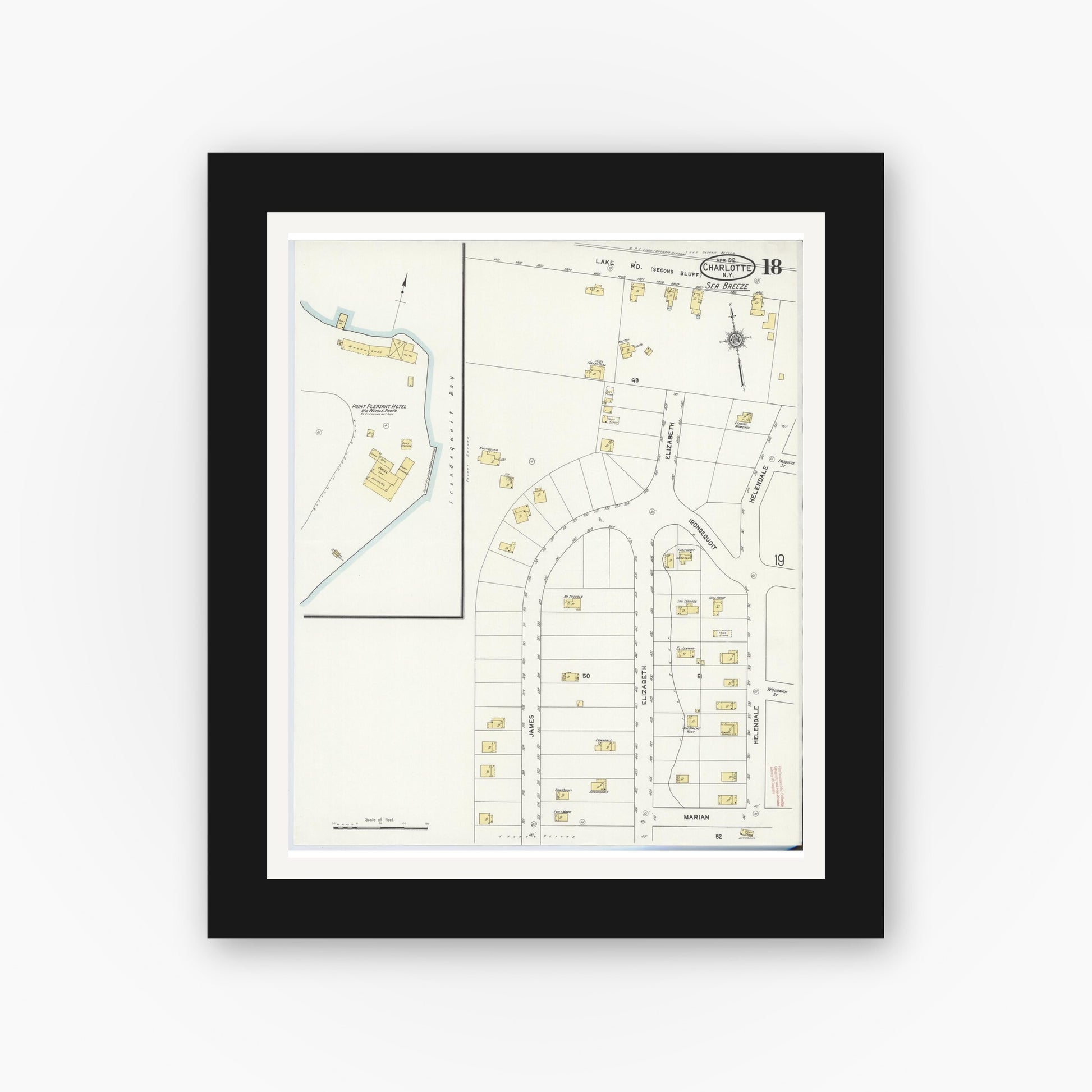 Old map wall art mockup — black gallery frame with white mat — Sanborn Fire Insurance Map from Charlotte, Monroe County, New York (1912), Sheet #0018