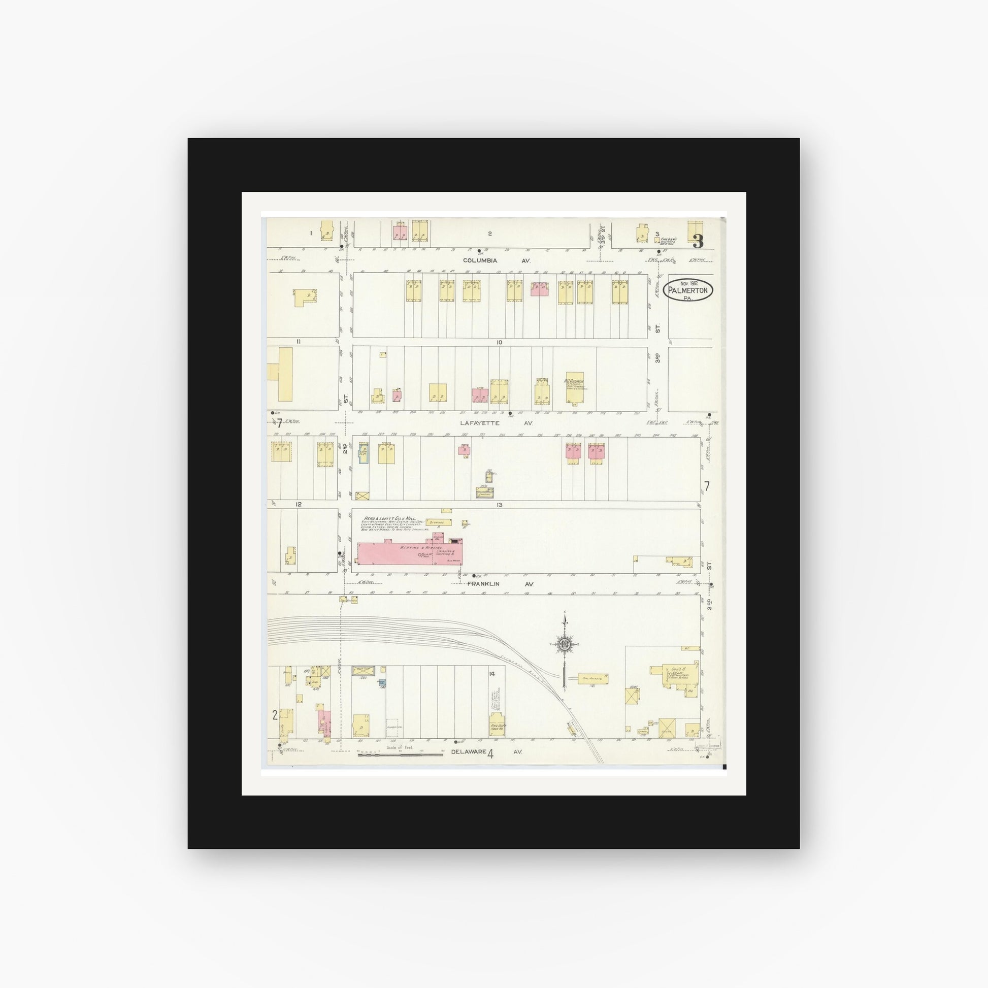 Old map wall art mockup — black gallery frame with white mat — Sanborn Fire Insurance Map from Palmerton, Carbon County, Pennsylvania (1912), Sheet #0003
