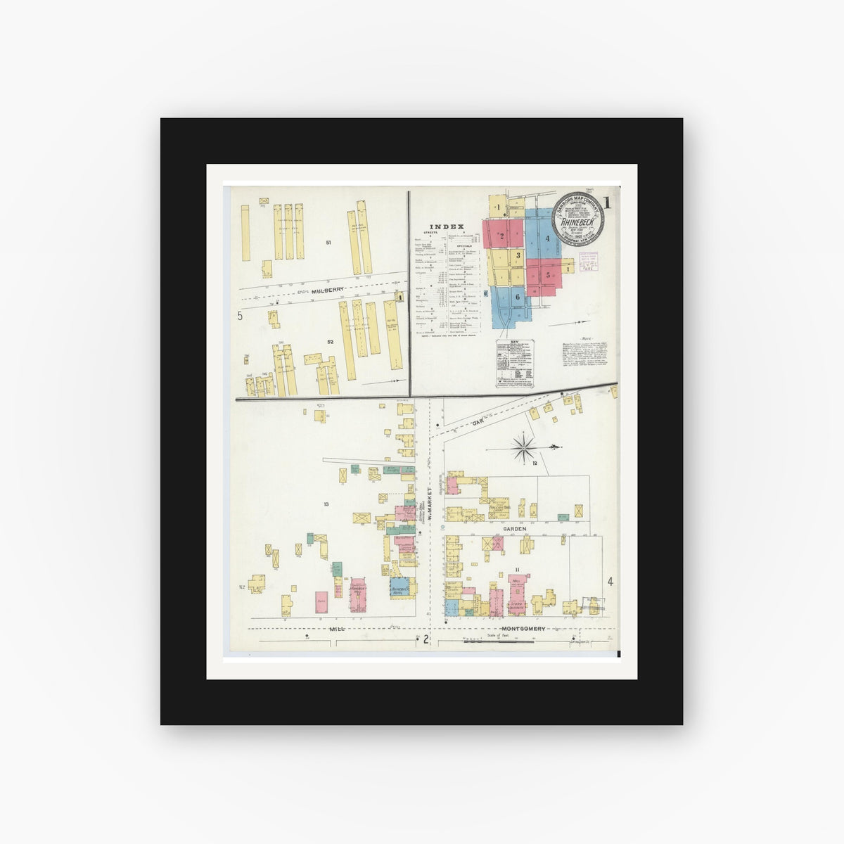 Old map wall art mockup — black gallery frame with white mat — Sanborn Fire Insurance Map from Rhinebeck, Dutchess County, New York (1905) - Complete Map Set
