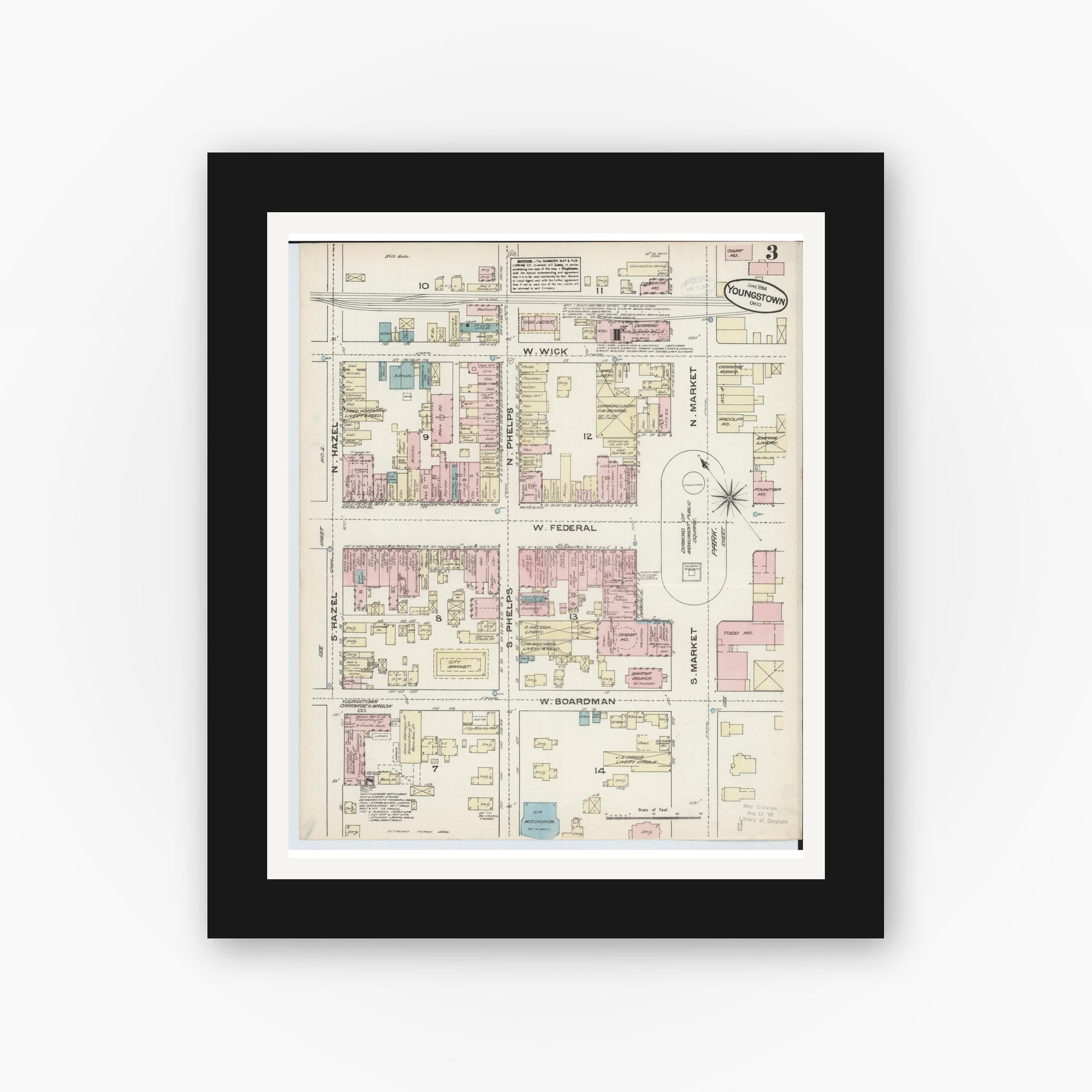 Old map wall art mockup — black gallery frame with white mat — Sanborn Fire Insurance Map from Youngstown, Mahoning County, Ohio (1884), Sheet #0003