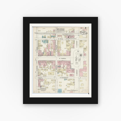 Old map wall art mockup — black gallery frame with white mat — Sanborn Fire Insurance Map from Youngstown, Mahoning County, Ohio (1884), Sheet #0003