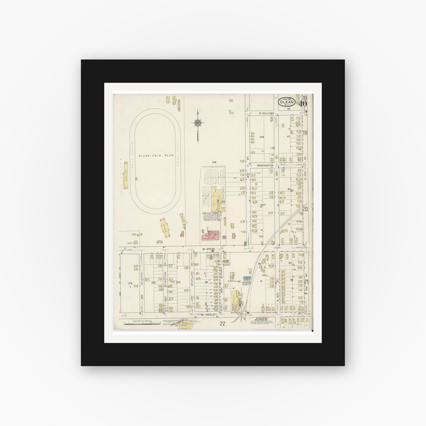 Old map wall art mockup — black gallery frame with white mat — Sanborn Fire Insurance Map from Olean, Cattaraugus County, New York (1915), Sheet #0040