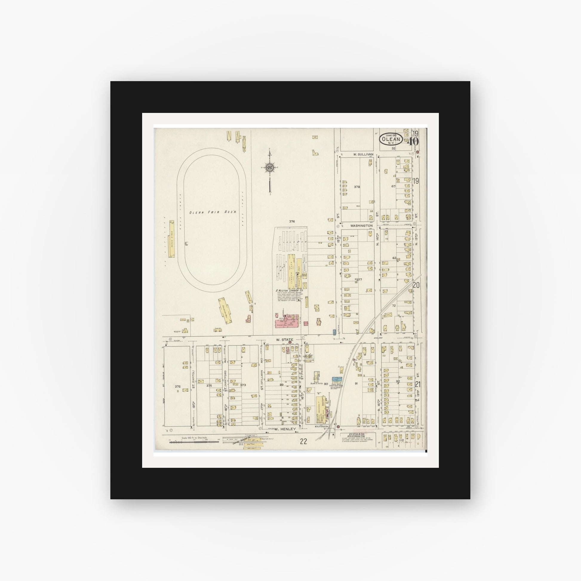 Old map wall art mockup — black gallery frame with white mat — Sanborn Fire Insurance Map from Olean, Cattaraugus County, New York (1915), Sheet #0040