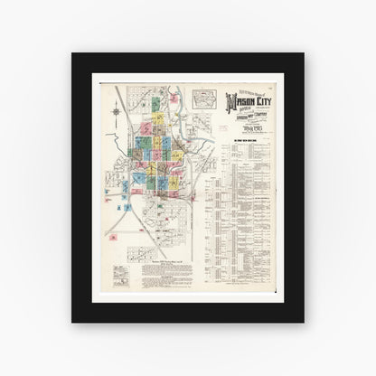 Old map wall art mockup — black gallery frame with white mat — Sanborn Fire Insurance Map from Mason City, Cerro Gordo County, Iowa (1915) â€” Complete Set