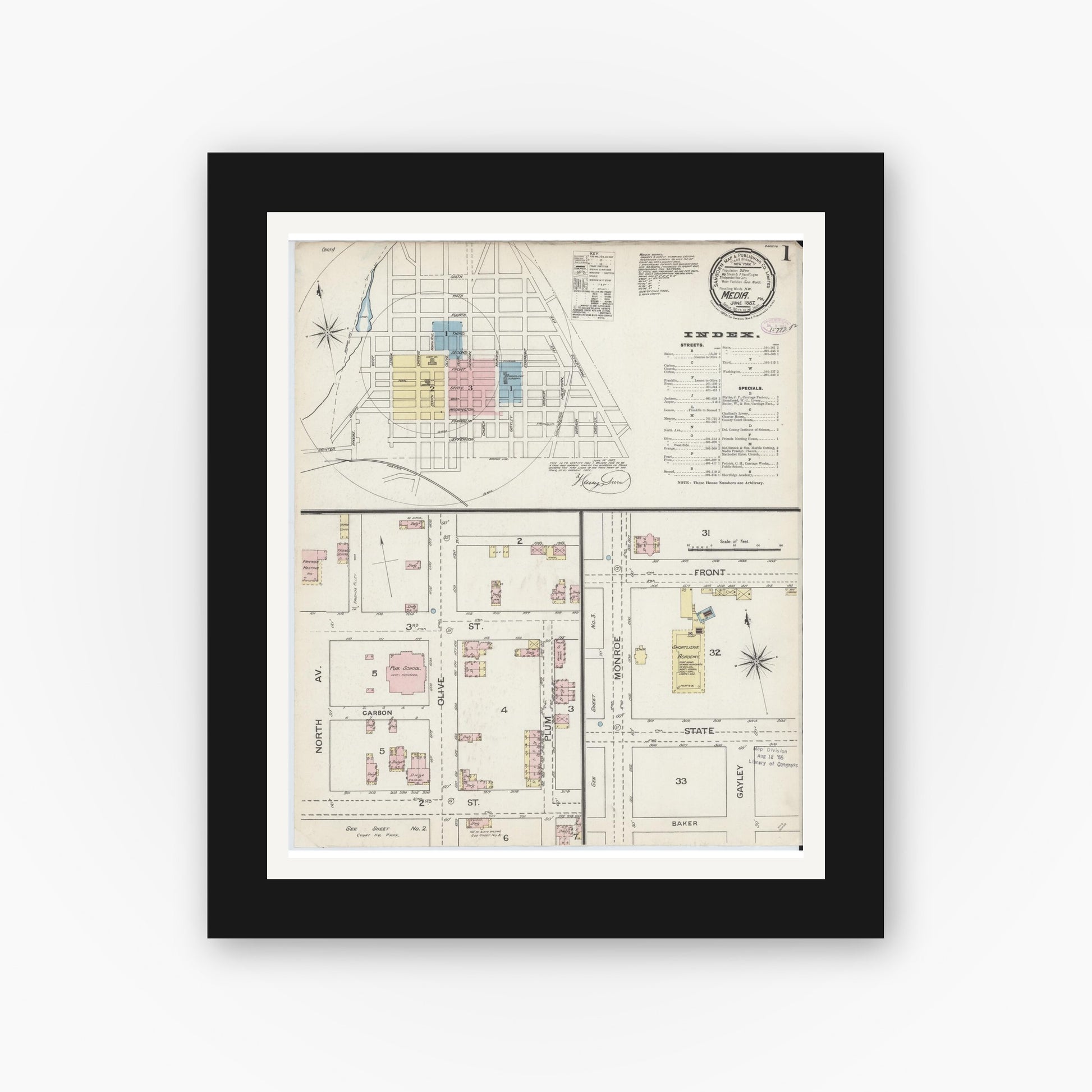 Old map wall art mockup — black gallery frame with white mat — Sanborn Fire Insurance Map from Media, Delaware County, Pennsylvania (1887) - Complete Map Set