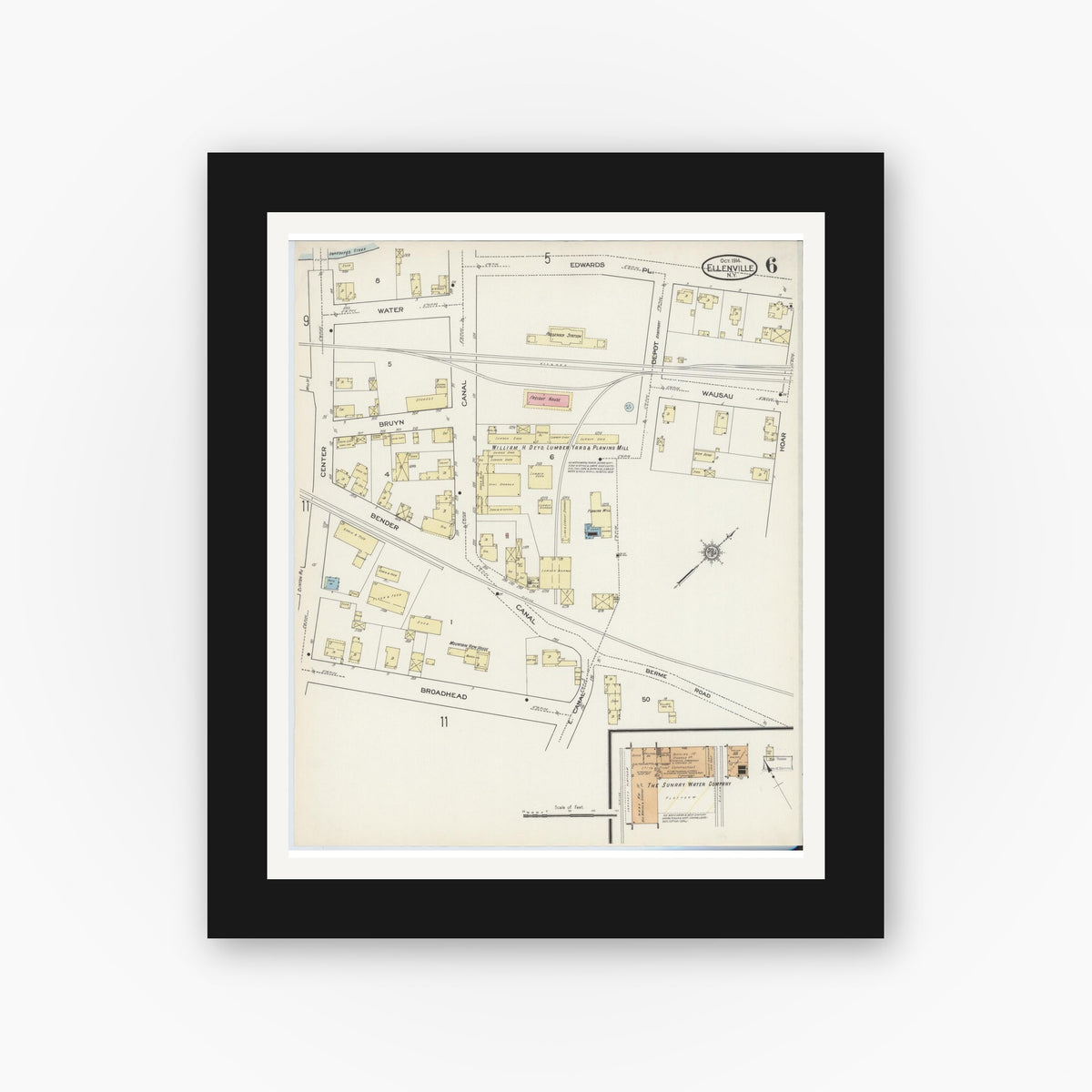 Old map wall art mockup — black gallery frame with white mat — Sanborn Fire Insurance Map from Ellenville, Ulster County, New York (1914), Sheet #0006