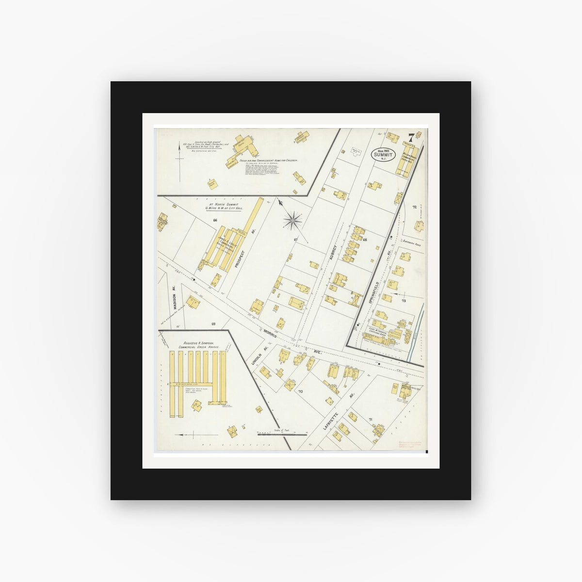 Old map wall art mockup — black gallery frame with white mat — Sanborn Fire Insurance Map from Summit, Union County, New Jersey (1903), Sheet #0007