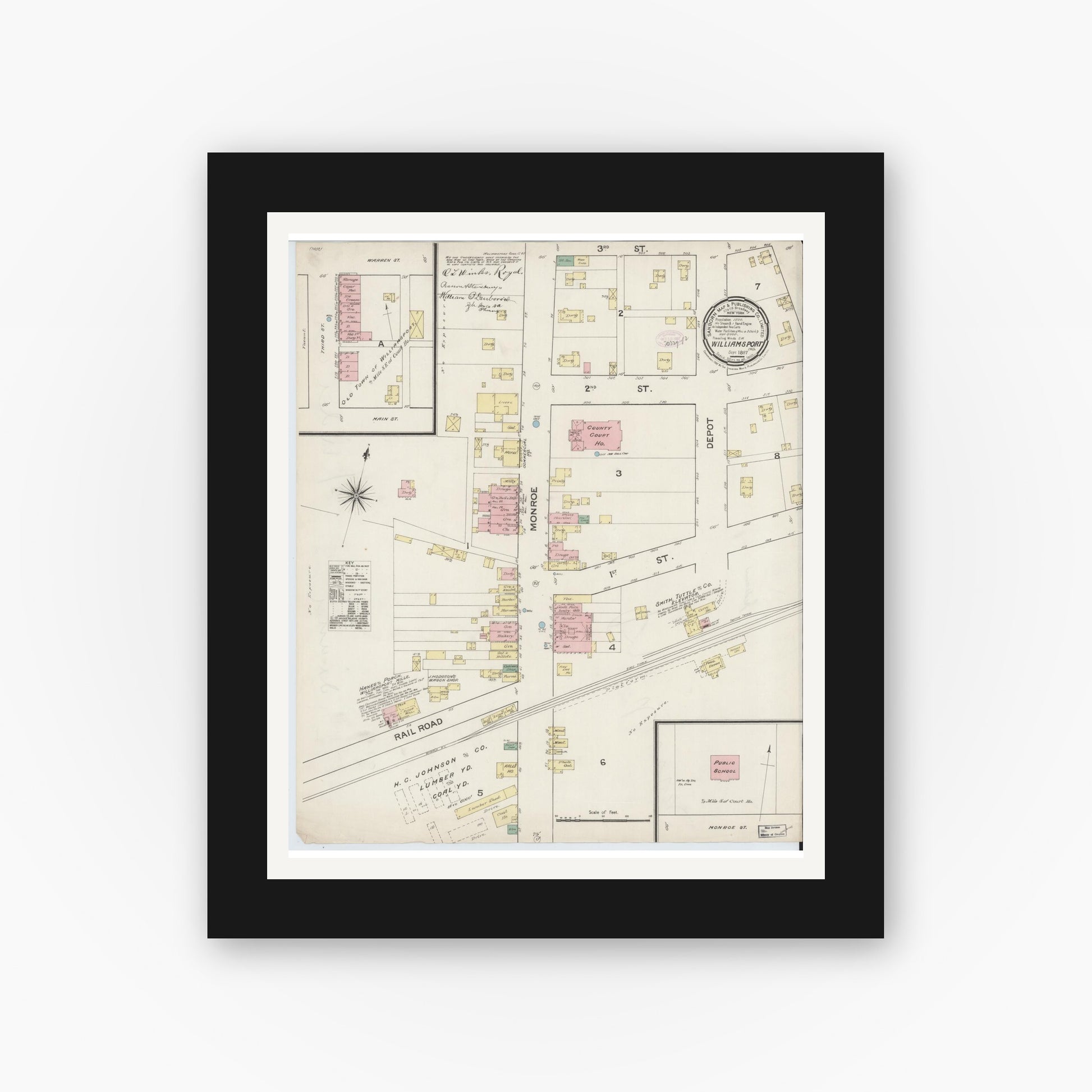 Old map wall art mockup — black gallery frame with white mat — Sanborn Fire Insurance Map from Williamsport, Warren County, Indiana (1887), Sheet #0001
