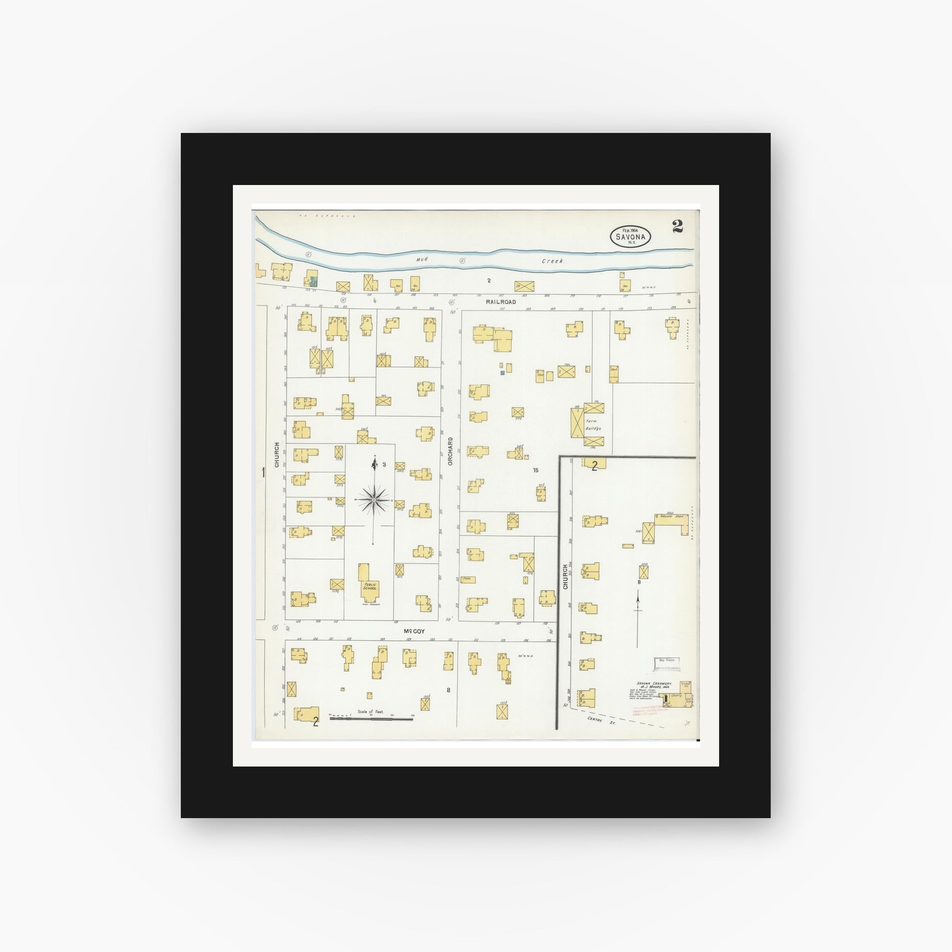 Old map wall art mockup — black gallery frame with white mat — Sanborn Fire Insurance Map from Savona, Steuben County, New York (1904), Sheet #0002