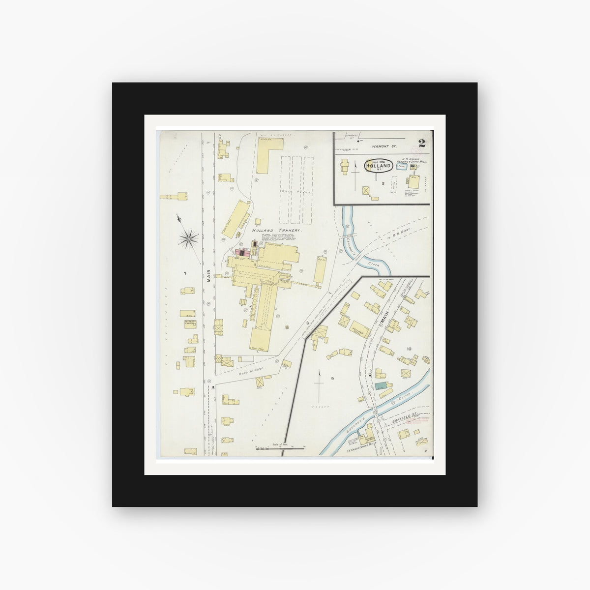 Old map wall art mockup — black gallery frame with white mat — Sanborn Fire Insurance Map from Holland, Erie County, New York (1894), Sheet #0002