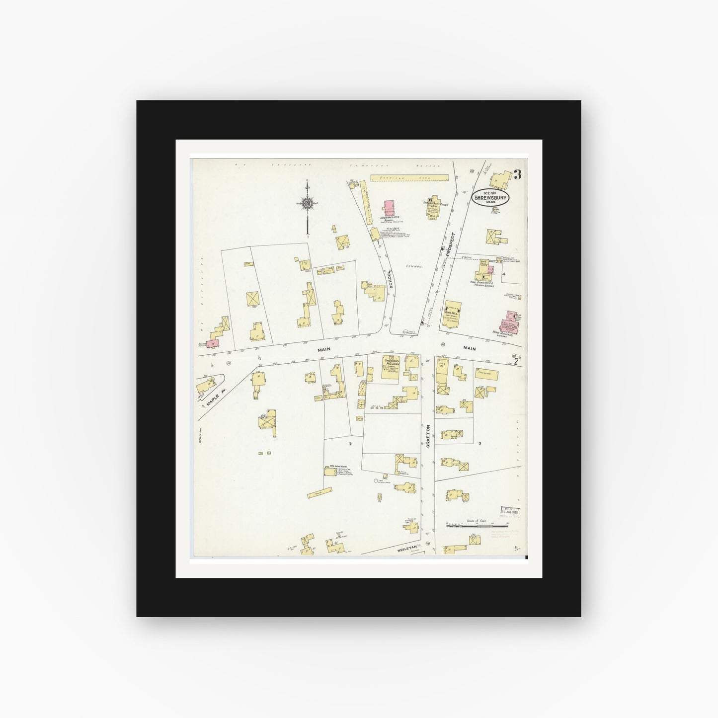 Old map wall art mockup — black gallery frame with white mat — Sanborn Fire Insurance Map from Shrewsbury, Worcester County, Massachusetts (1910), Sheet #0003