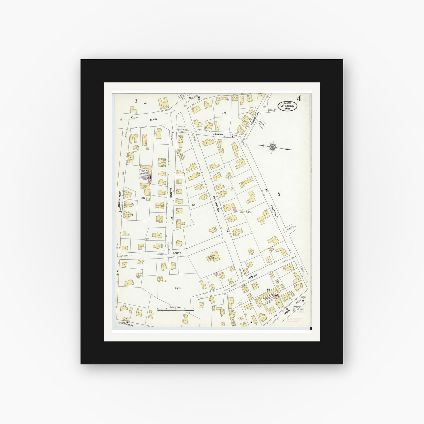Old map wall art mockup — black gallery frame with white mat — Sanborn Fire Insurance Map from Woburn, Middlesex County, Massachusetts (1910), Sheet #0004