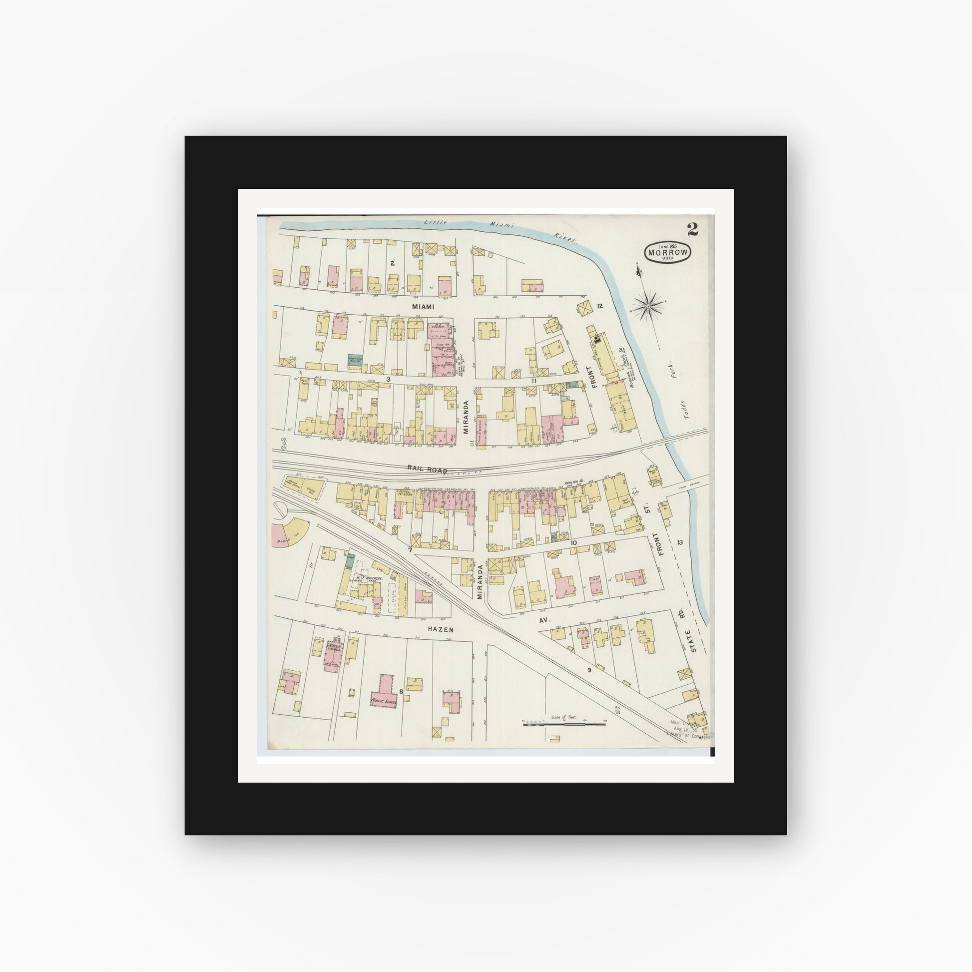 Old map wall art mockup — black gallery frame with white mat — Sanborn Fire Insurance Map from Morrow, Warren County, Ohio (1895), Sheet #0002