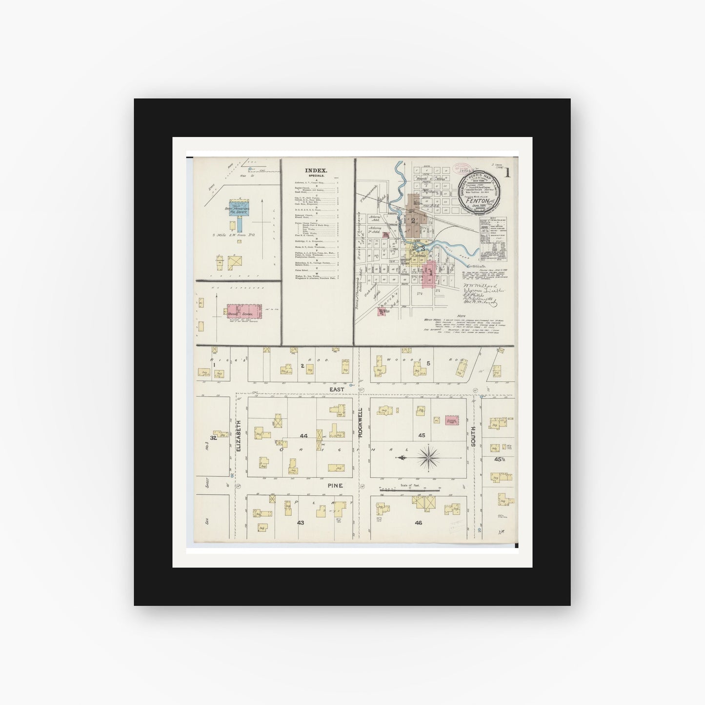 Old map wall art mockup — black gallery frame with white mat — Sanborn Fire Insurance Map from Fenton, Genesee County, Michigan (1890) - Complete Map Set