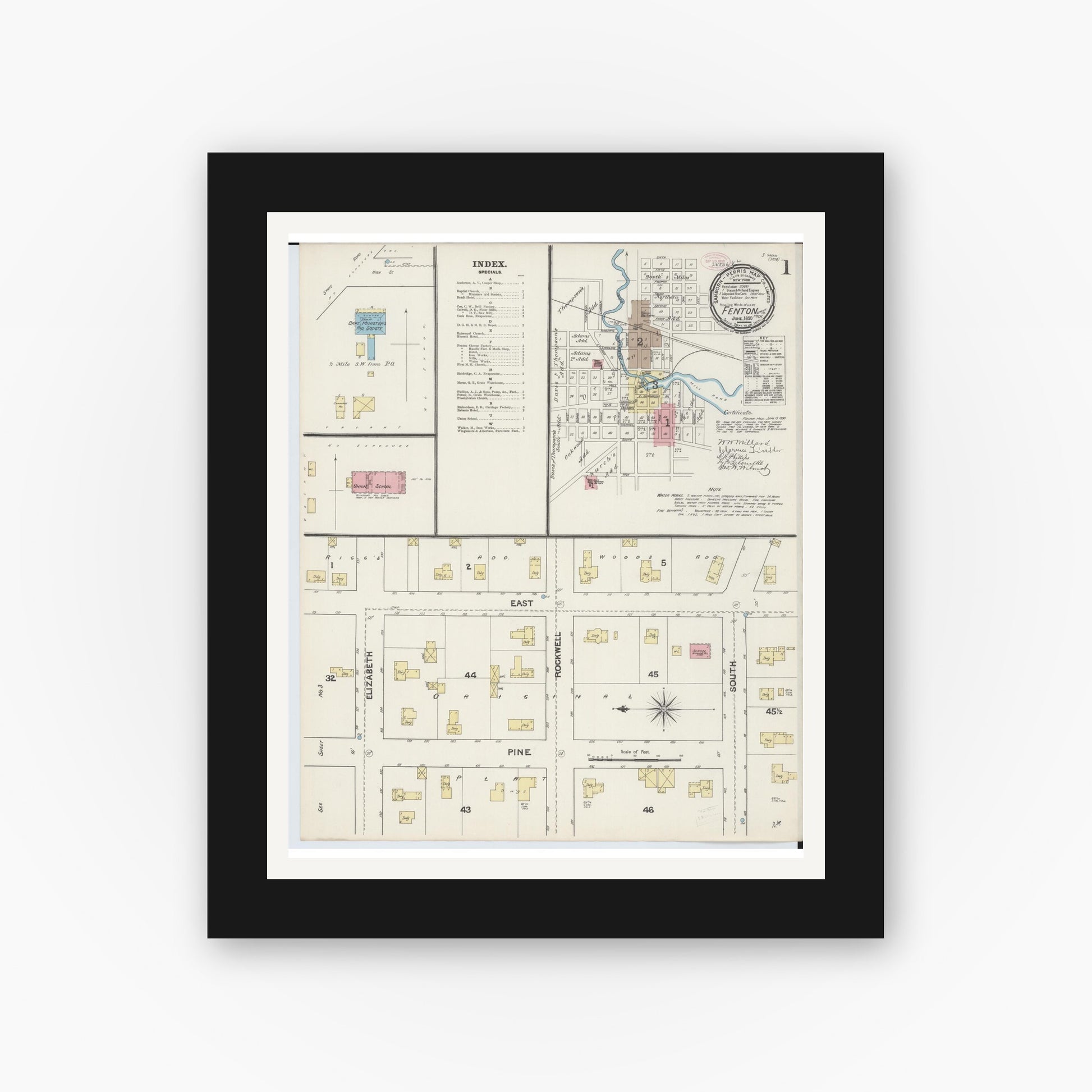 Old map wall art mockup — black gallery frame with white mat — Sanborn Fire Insurance Map from Fenton, Genesee County, Michigan (1890) - Complete Map Set