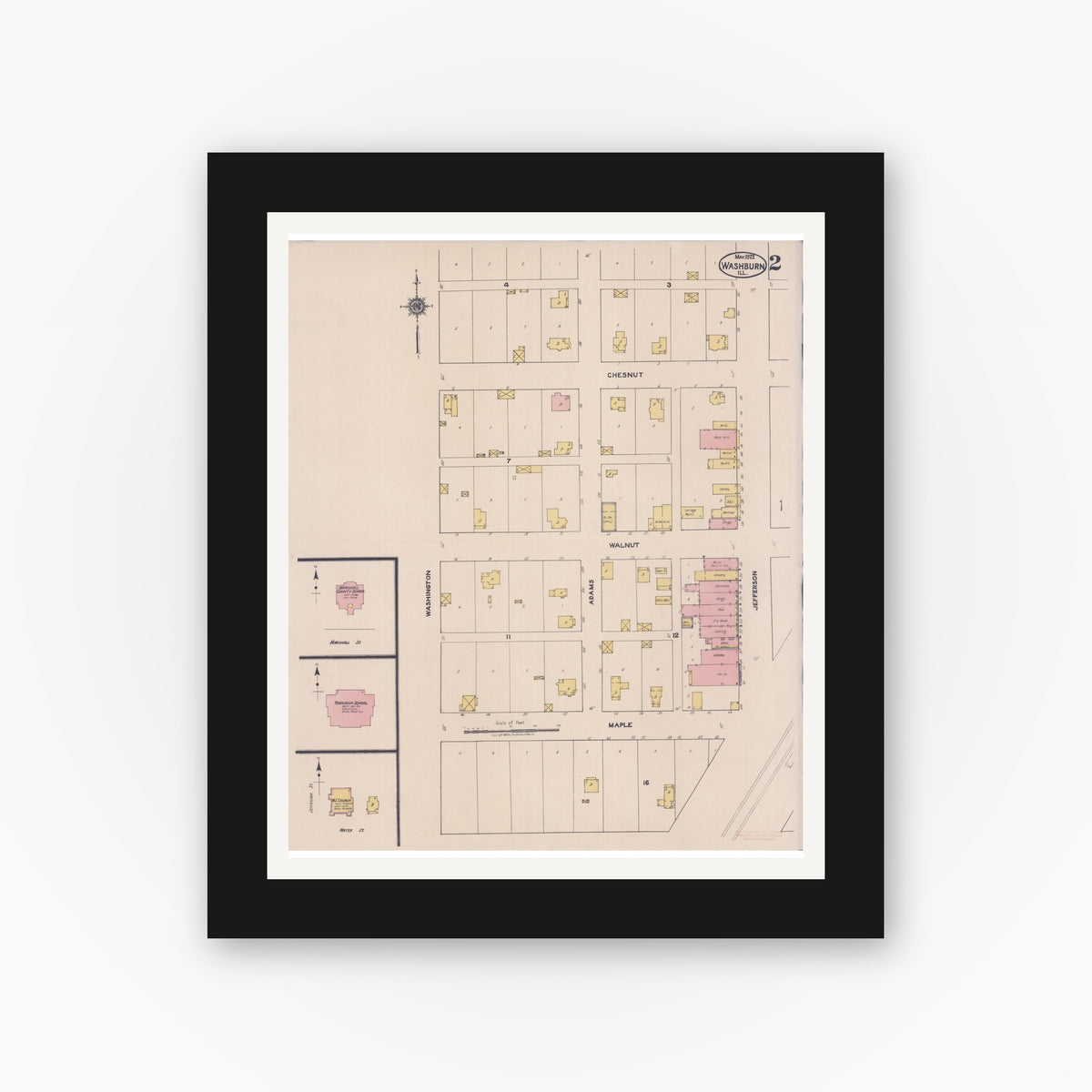 Old map wall art mockup — black gallery frame with white mat — Sanborn Fire Insurance Map from Washburn, Woodford County, Illinois (1922), Sheet #0002