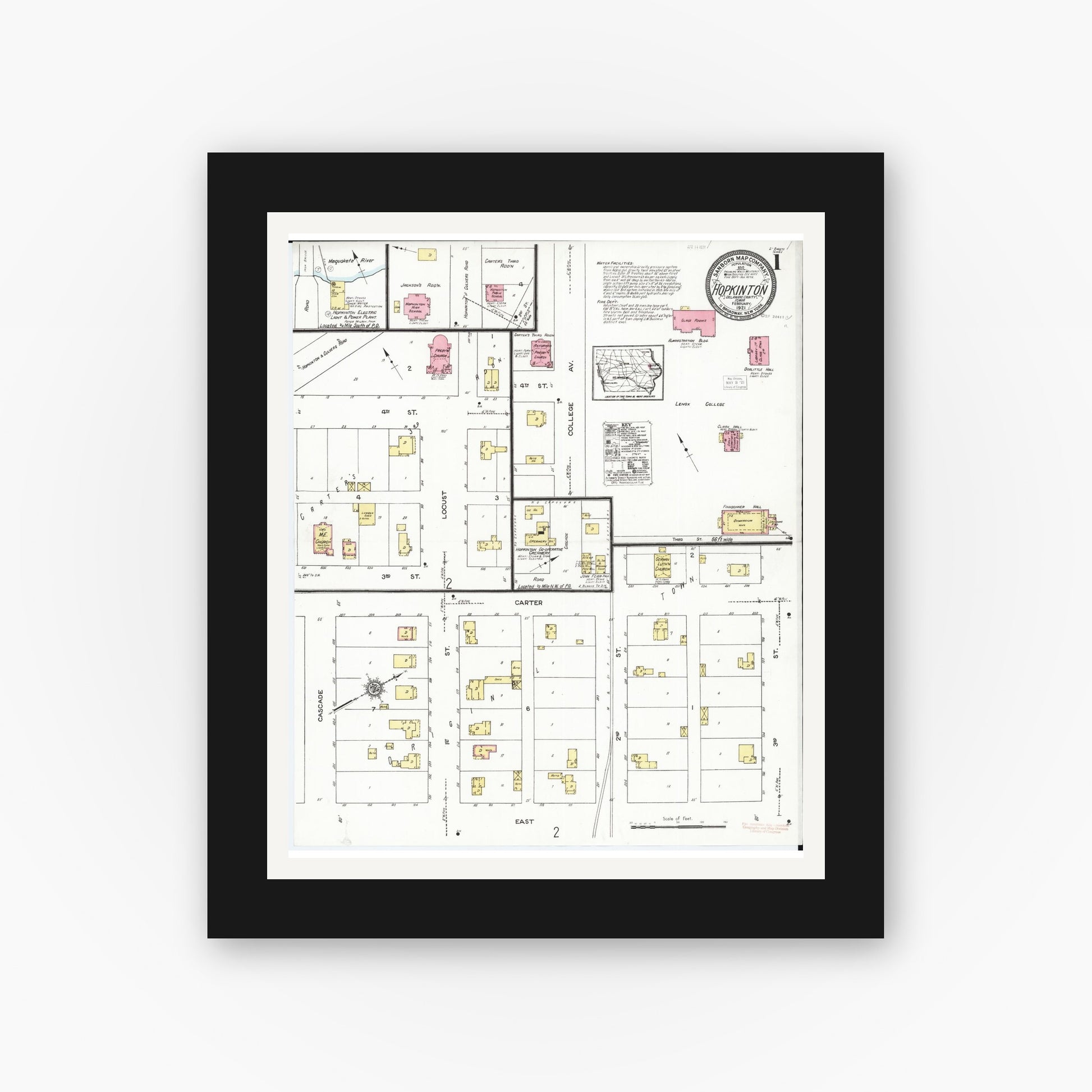 Old map wall art mockup — black gallery frame with white mat — Sanborn Fire Insurance Map from Hopkinton, Delaware County, Iowa (1921) â€” Complete Set